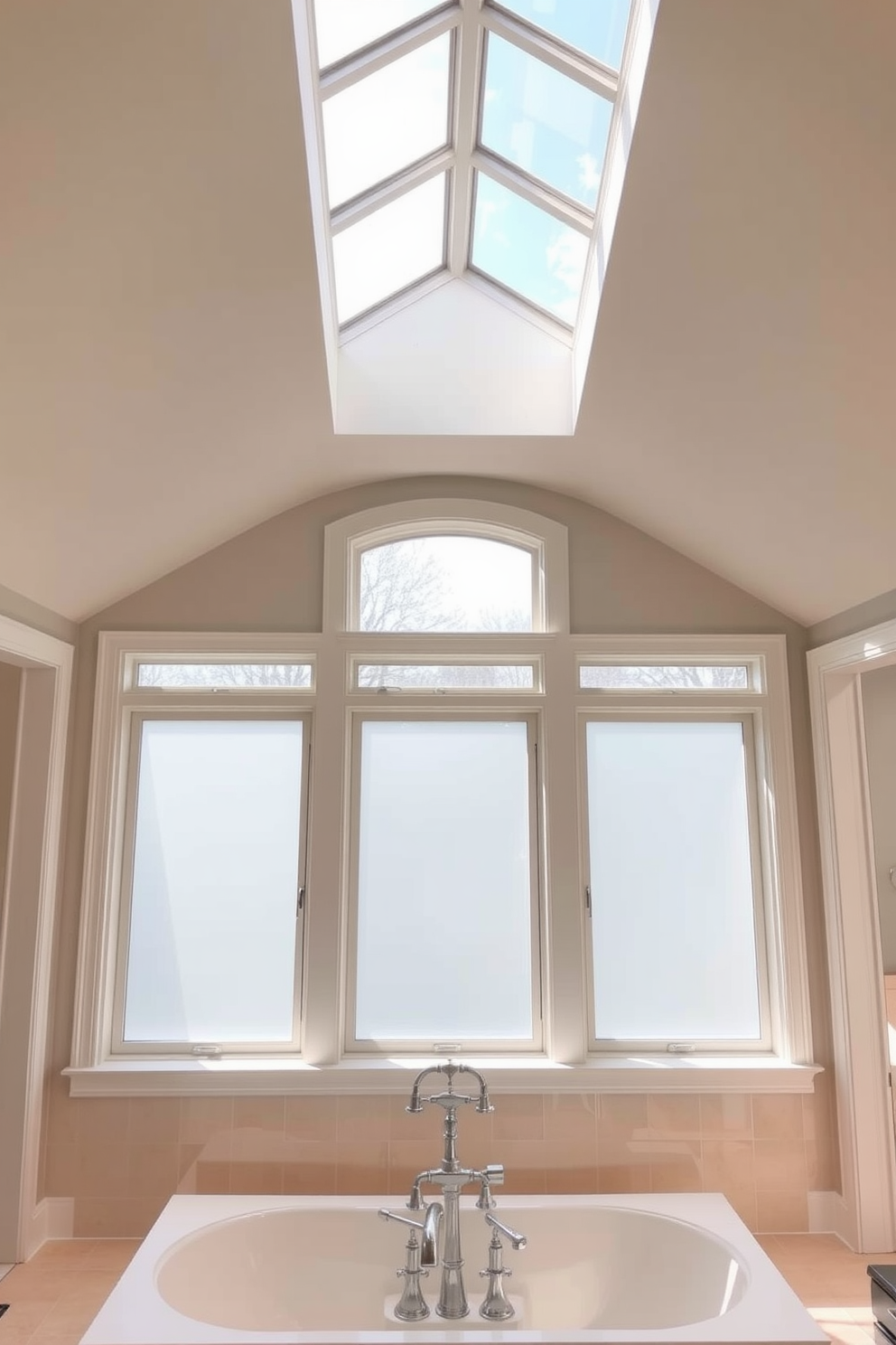 A bathroom filled with natural light through elegant skylights. The skylights are strategically placed above the soaking tub, creating a serene atmosphere. Large windows with frosted glass provide privacy while allowing soft light to filter in. The window frames are painted white, complementing the light-colored tiles and fixtures in the room.