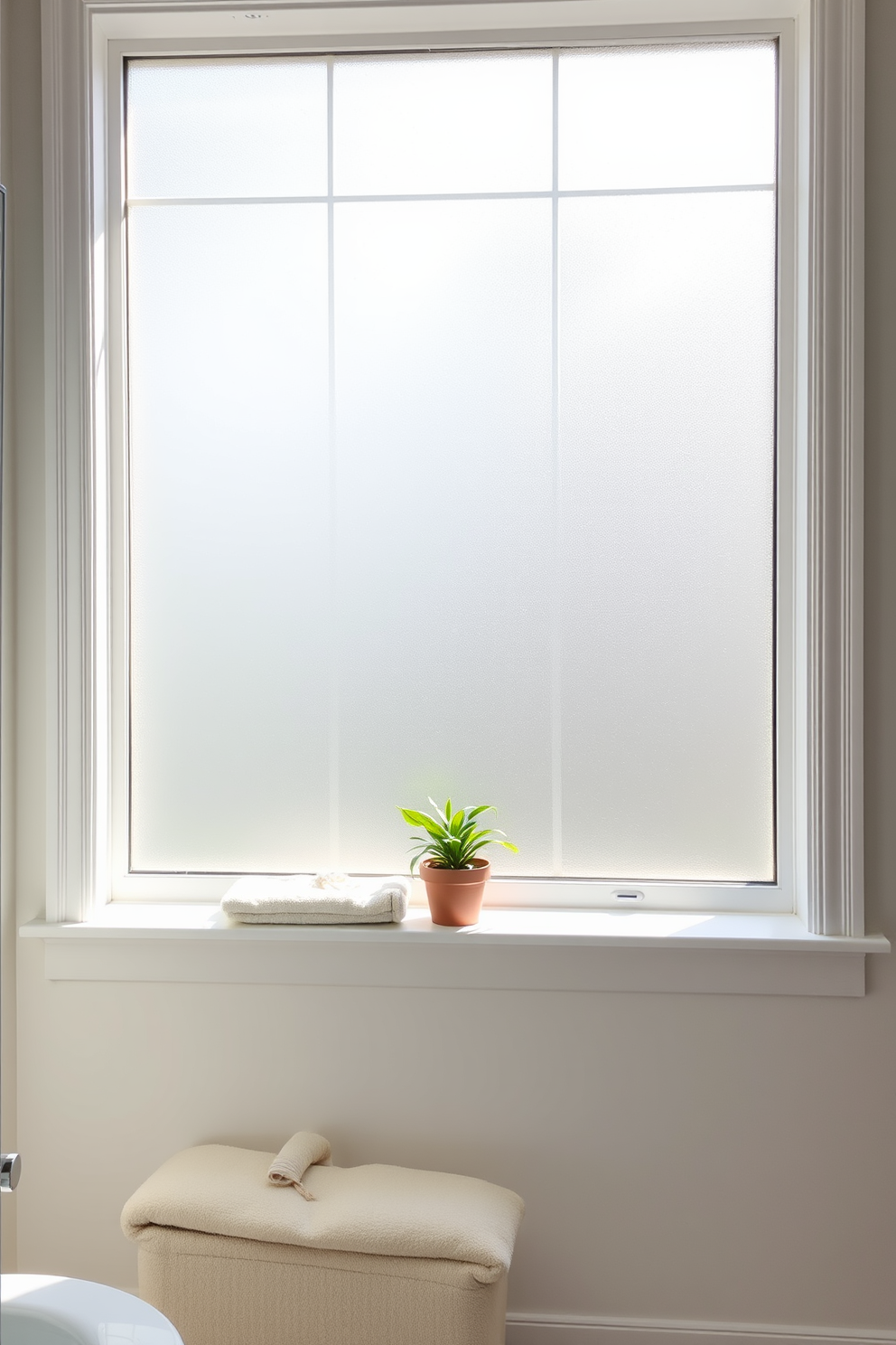 A serene bathroom featuring a large window with frosted glass that allows natural light to filter in softly. Below the window, a plush window seat adorned with cushions and a soft throw blanket invites relaxation and comfort. The window frame is painted in a crisp white, complementing the light grey walls of the bathroom. A small potted plant sits on the windowsill, adding a touch of greenery and freshness to the space.