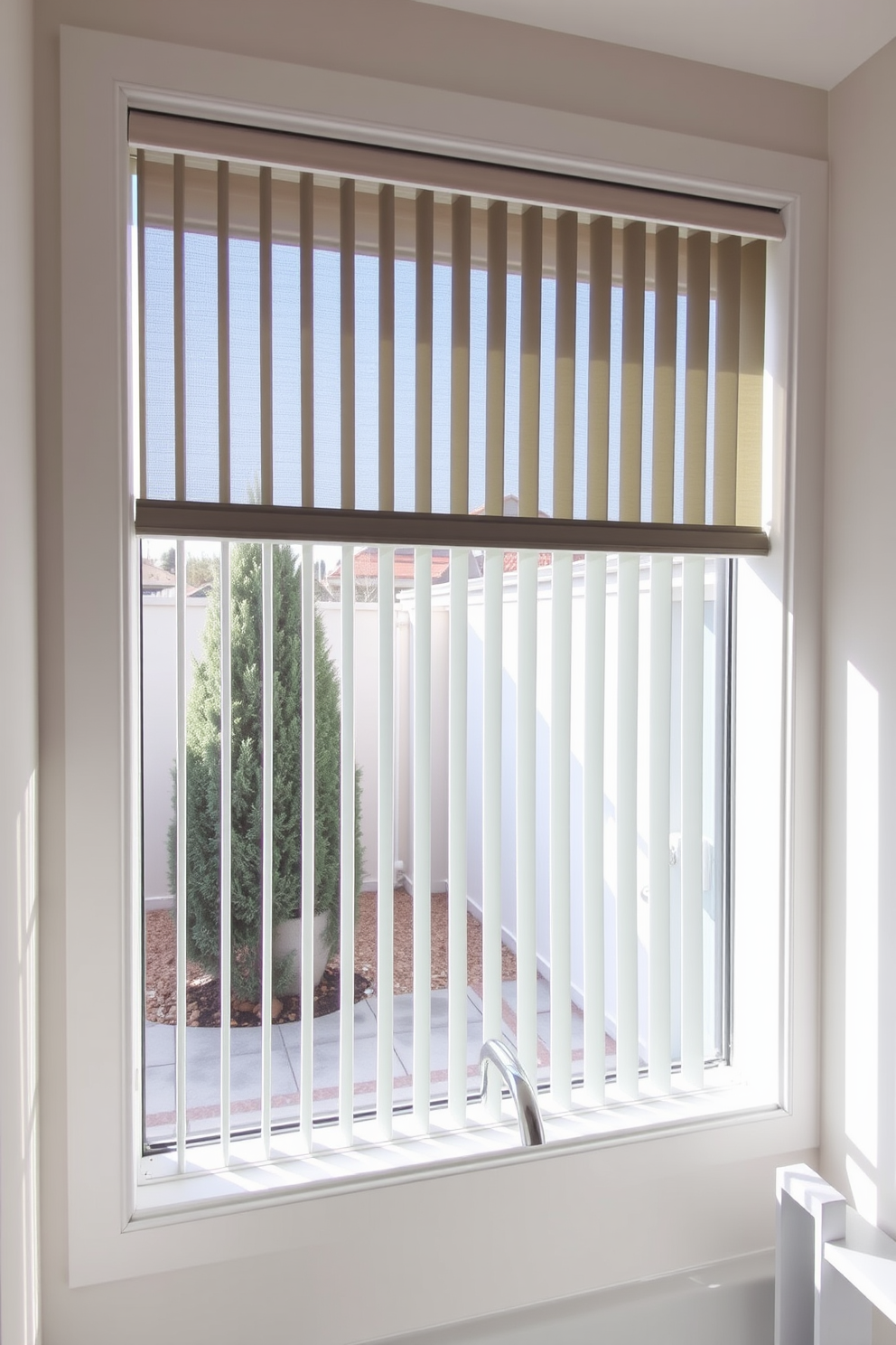 A modern bathroom window features sleek vertical blinds that allow for adjustable privacy. The blinds are made of a light-filtering material that complements the soft color palette of the room. The window is framed by minimalist trim and overlooks a serene outdoor space, enhancing the overall ambiance. Natural light streams in, creating a bright and inviting atmosphere while maintaining privacy.