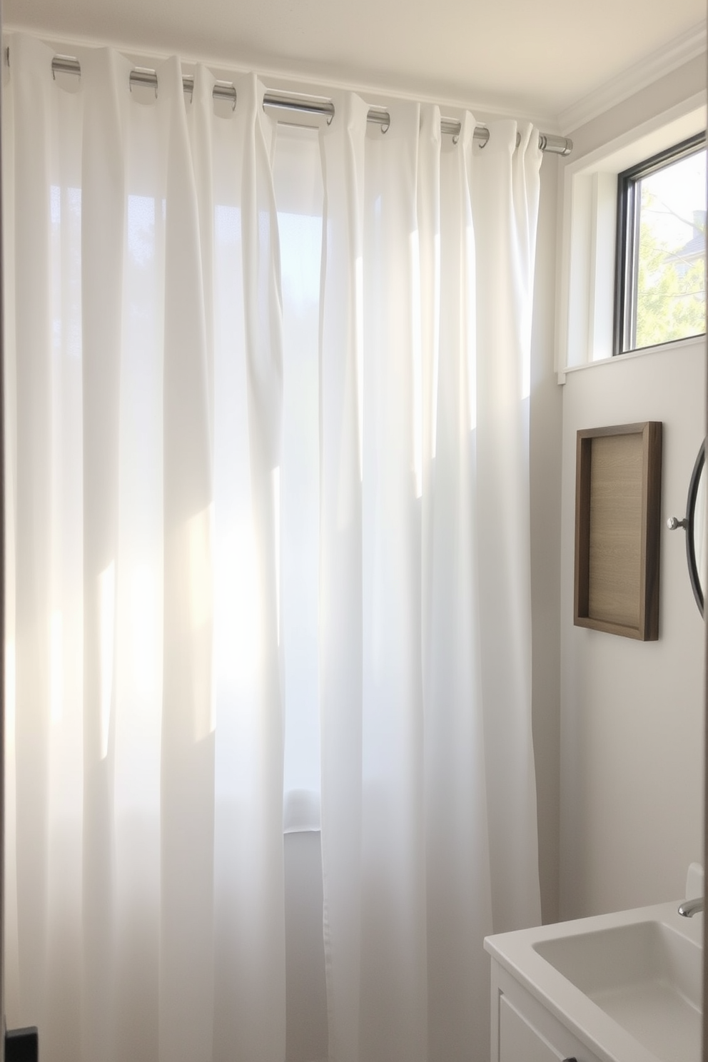 A serene bathroom space featuring sheer curtains that gently filter soft light through the window. The curtains are a light, airy fabric in a soft white hue, complementing the overall tranquil atmosphere of the room.