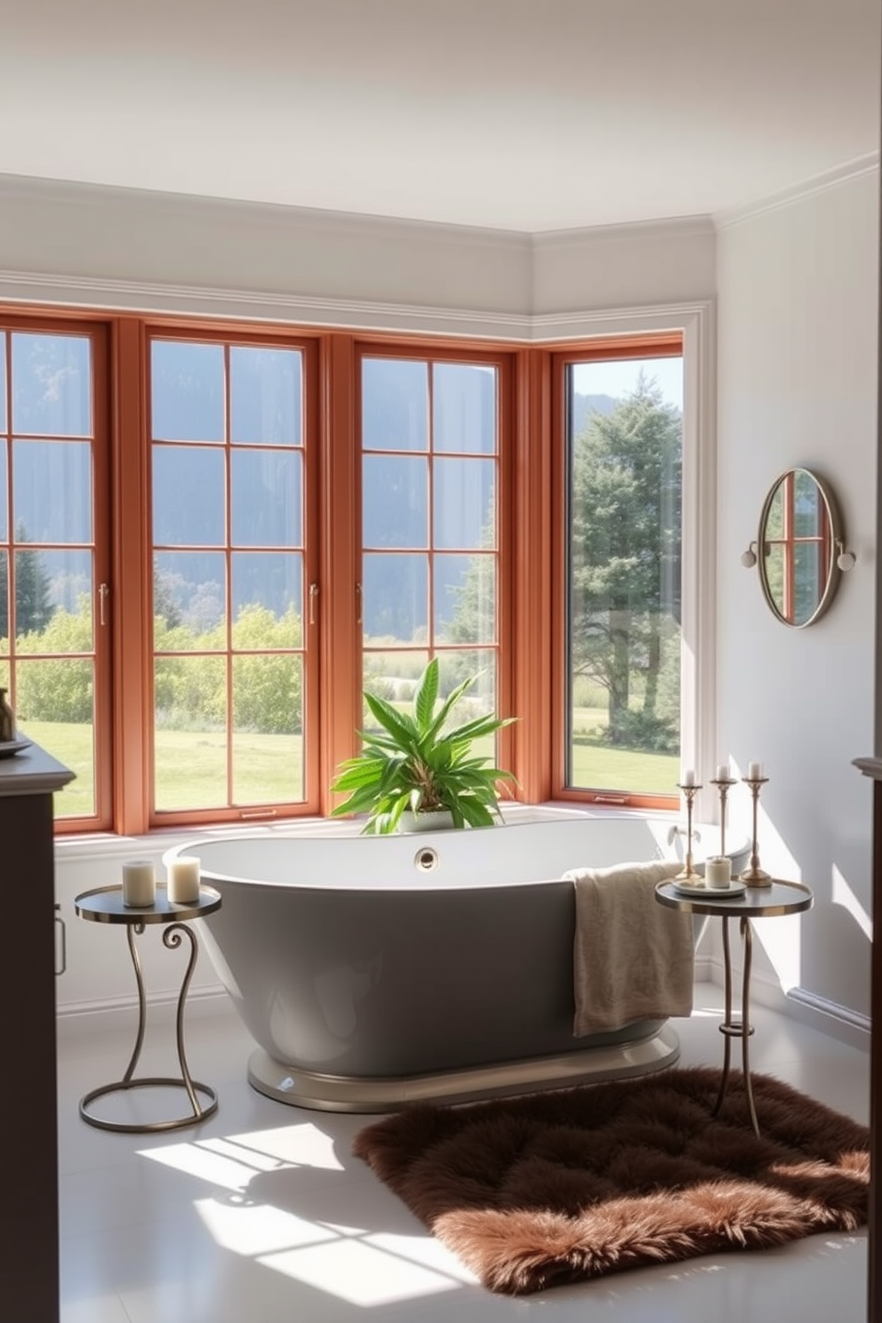 A serene bathroom featuring a freestanding tub positioned by a large window that offers a breathtaking ocean view. The walls are adorned with soft blue tones, complementing the natural light that floods the space, while a chic wooden stool sits beside the tub for added functionality. The floor is finished with light-colored wood planks, enhancing the coastal vibe of the room. Elegant accessories, such as a plush white rug and scented candles, create a relaxing atmosphere perfect for unwinding after a long day.