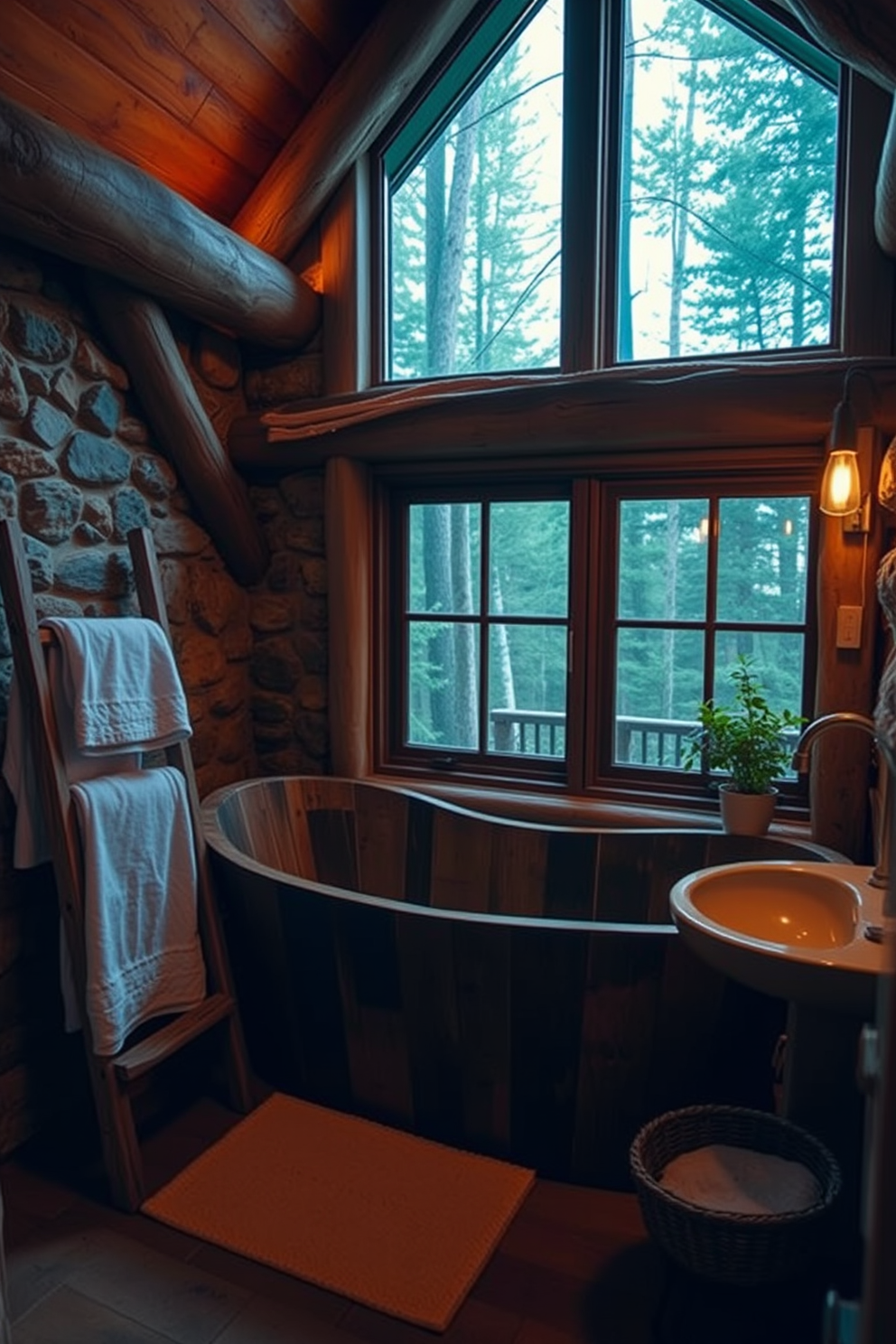 A rustic wooden tub is the centerpiece of a cozy cabin bathroom, surrounded by natural stone walls and exposed wooden beams. Soft, warm lighting creates an inviting atmosphere, while a large window offers a view of the surrounding forest. Next to the tub, a wooden ladder holds fluffy white towels, and a small potted plant adds a touch of greenery. A vintage-style faucet complements the rustic aesthetic, enhancing the overall charm of the space.