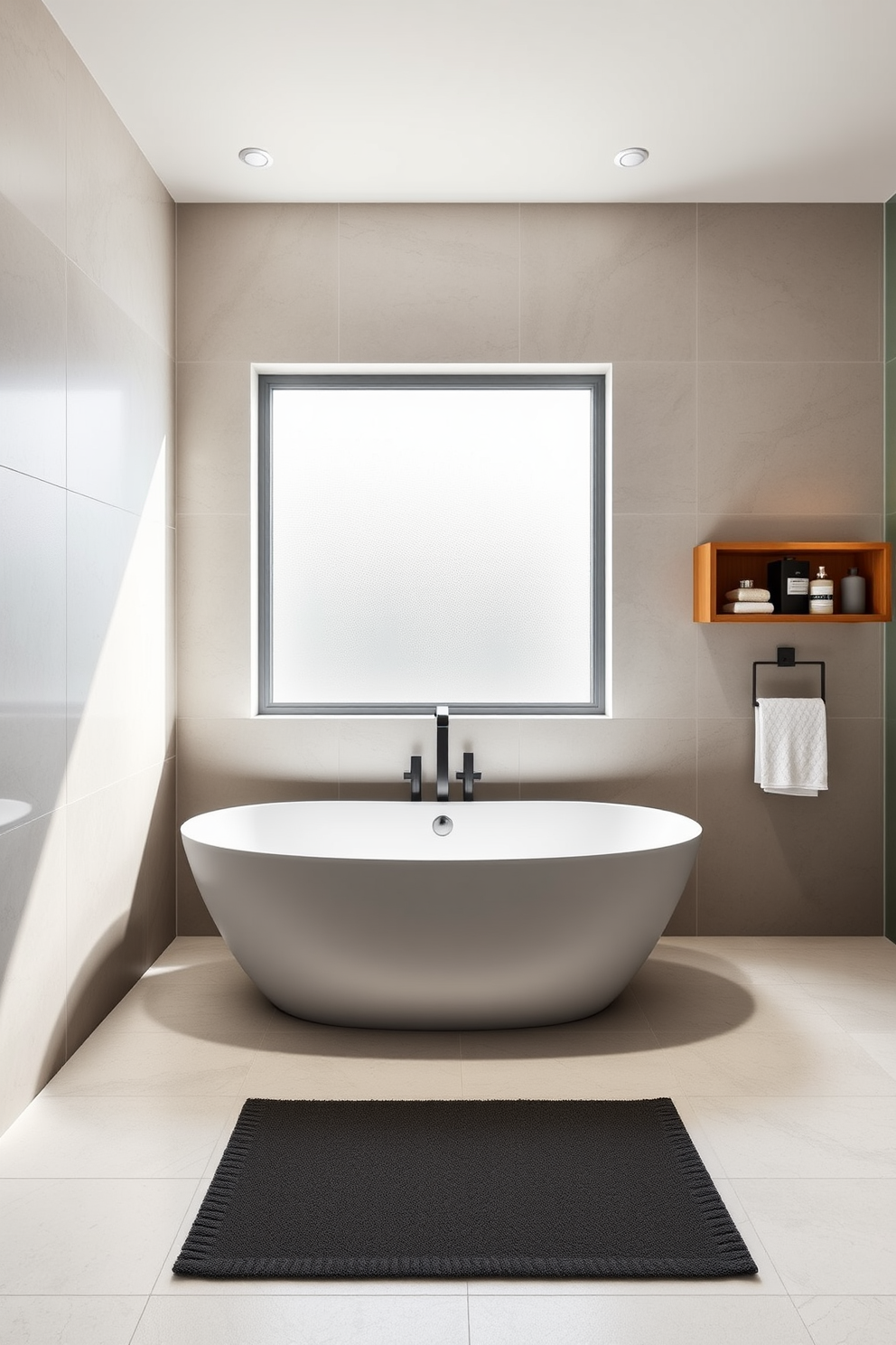 A serene bathroom featuring a freestanding tub positioned beneath a panoramic window that allows ample natural light to flood the space. The walls are adorned with soft white tiles, and a sleek wooden shelf holds elegant bath accessories and a potted plant. The tub is surrounded by a minimalist design, with a small wooden stool nearby for convenience. Soft, fluffy towels are neatly arranged on a rack, complementing the tranquil atmosphere of the room.