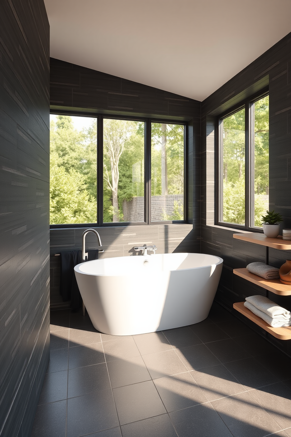 A bright white freestanding tub is positioned centrally against a backdrop of dark, textured tiles. The space is illuminated by warm lighting that highlights the contrast between the tub and the surrounding materials. To the side, a sleek wooden shelf holds neatly rolled towels and a few decorative items. Large windows allow natural light to filter in, creating a serene and inviting atmosphere.