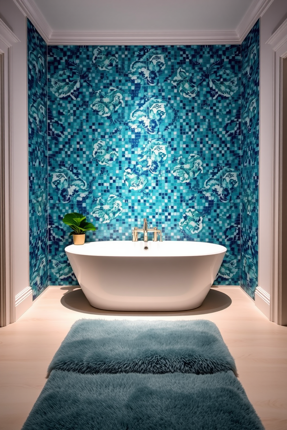 A luxurious bathroom featuring a freestanding tub surrounded by intricate mosaic tiles in shades of blue and green. Soft ambient lighting illuminates the space, enhancing the elegance of the mosaic design while a small potted plant sits beside the tub for a touch of nature. The walls are painted in a soft white, creating a serene backdrop for the vibrant tile work. A plush bath mat in a coordinating color is positioned in front of the tub, inviting relaxation and comfort.