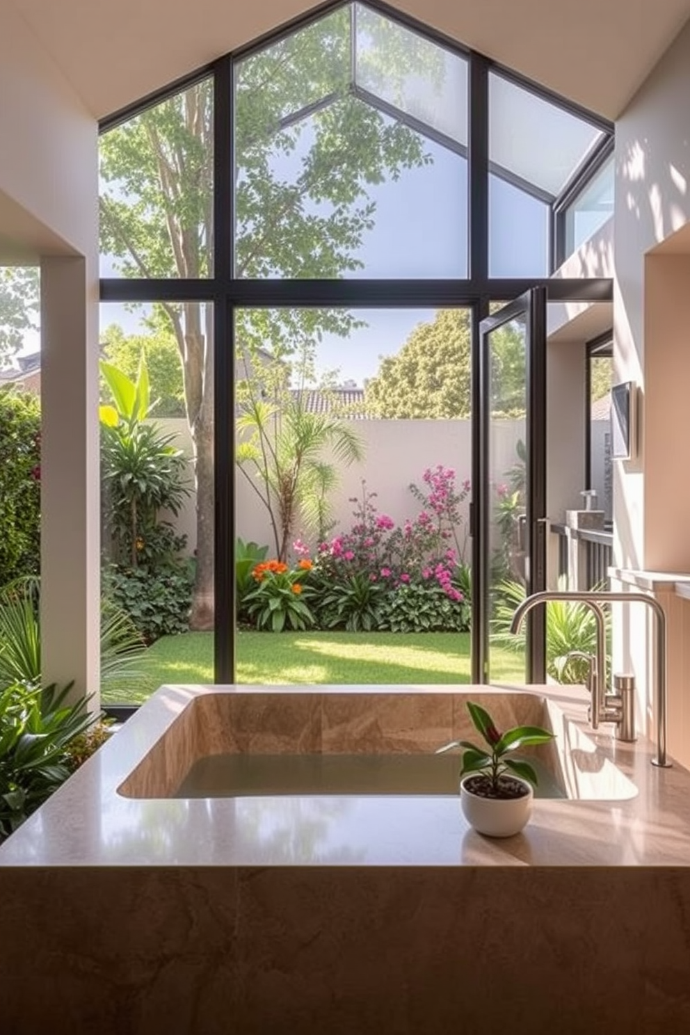 A striking bathroom featuring a tub with a unique geometric shape that serves as the focal point of the space. Surrounding the tub, sleek tiles in a soft gray hue create a modern and inviting atmosphere. Natural light floods the room through large windows, highlighting the elegant fixtures and minimalist decor. A stylish side table holds a collection of luxurious bath products, enhancing the overall aesthetic.