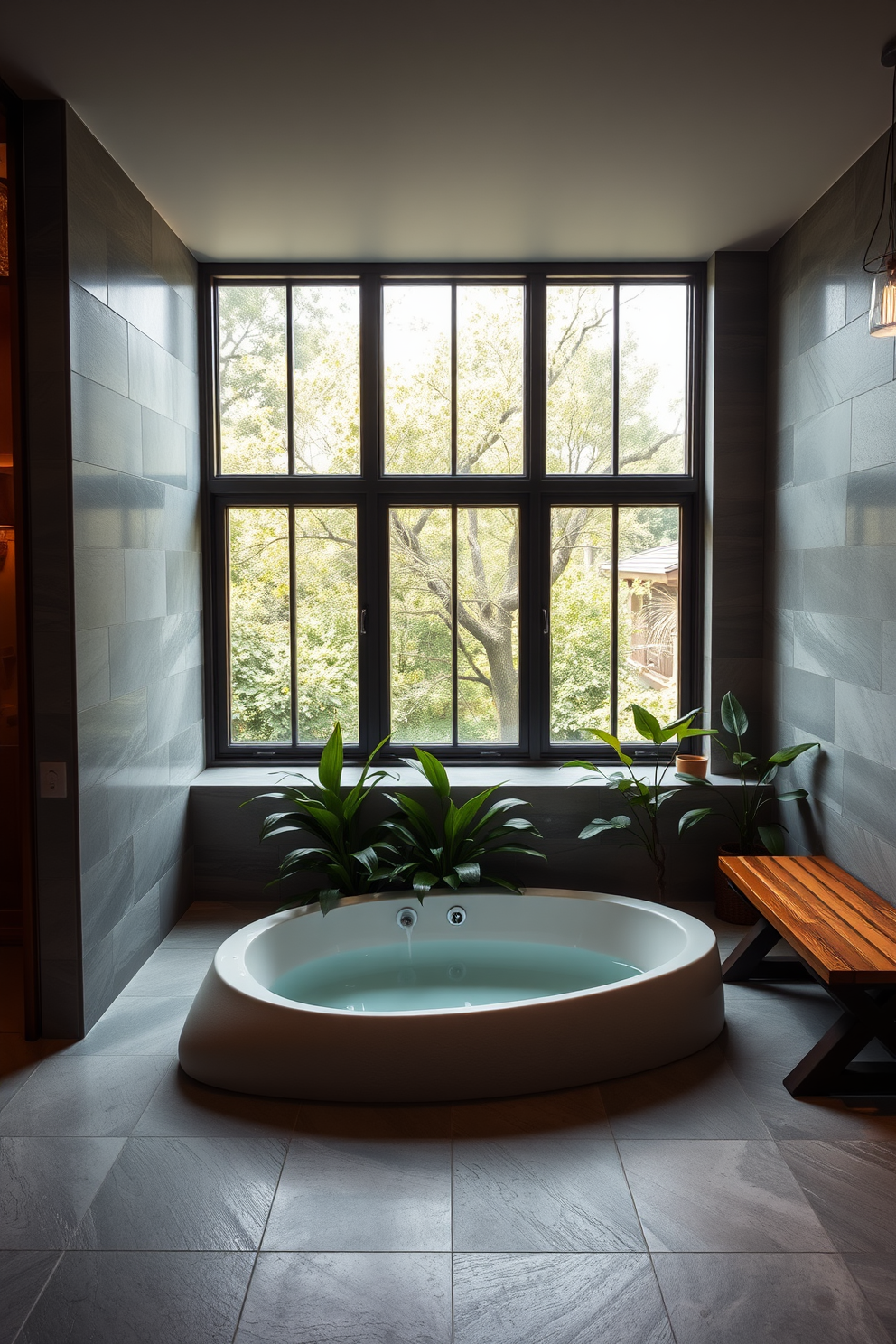 A luxurious bathroom featuring a sunken tub surrounded by smooth stone tiles. Soft ambient lighting highlights the serene atmosphere, complemented by a wooden bench for relaxation. The tub is elegantly positioned near a large window that offers a view of nature, enhancing the spa-like experience. Lush greenery is placed strategically around the tub, adding a touch of tranquility to the design.