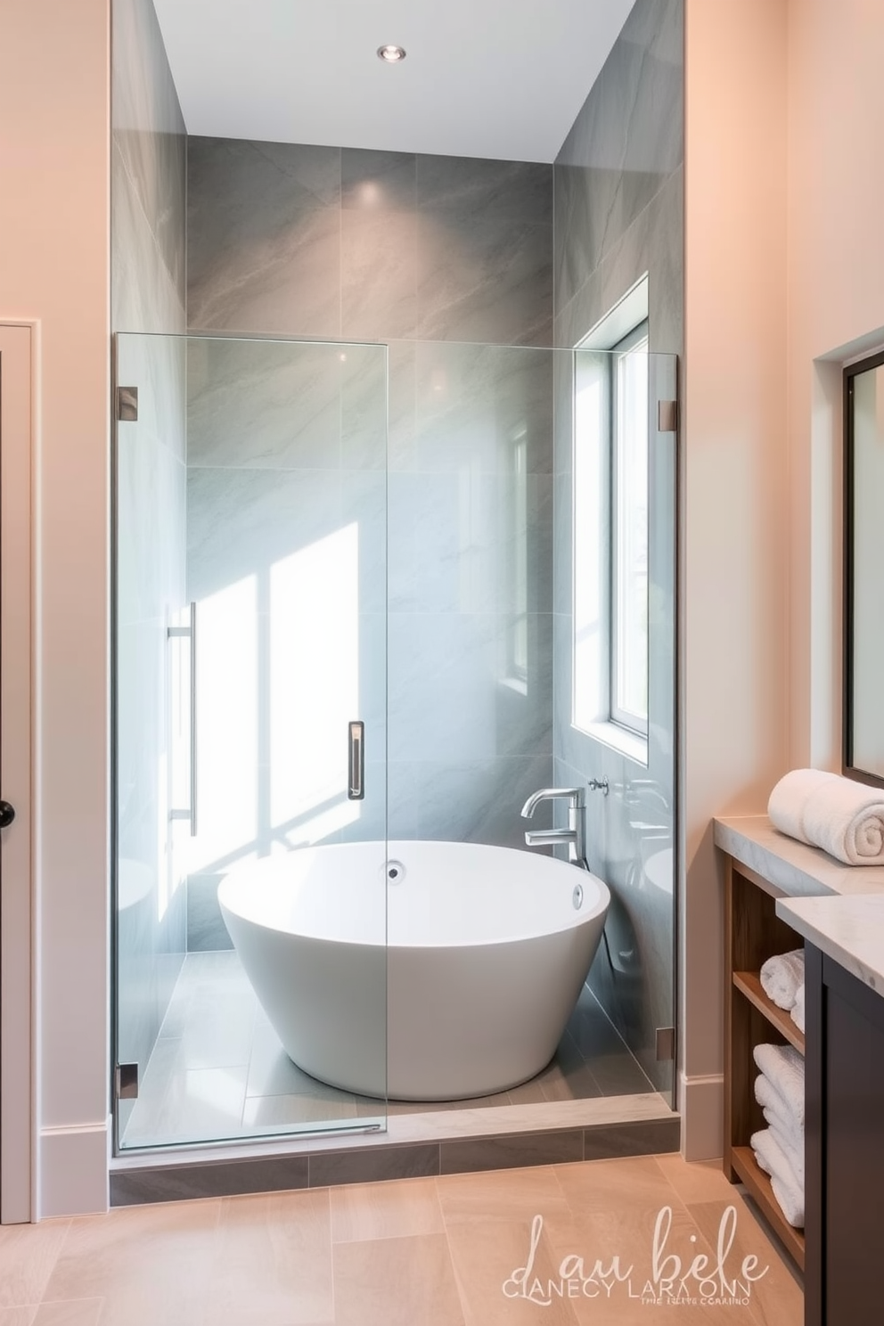 A luxurious bathroom featuring a freestanding tub with a stunning waterfall faucet that cascades water gracefully into the basin. The tub is surrounded by elegant marble tiles, and large windows allow natural light to flood the space, enhancing the serene atmosphere. Soft, ambient lighting is integrated into the ceiling, creating a warm and inviting glow throughout the room. Complementing the tub, a stylish wooden shelf holds neatly folded towels and decorative candles, adding a touch of sophistication to the design.