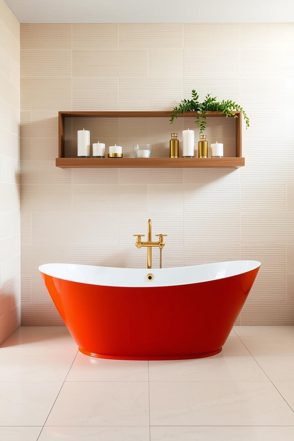 A vibrant freestanding tub serves as the centerpiece of a modern bathroom. Surrounding the tub, the walls are adorned with textured tiles in soft neutral tones, creating a serene backdrop. A sleek wooden shelf is mounted above the tub, displaying an array of elegant candles and lush greenery. The floor is finished with large, light-colored tiles that enhance the spacious feel of the room.