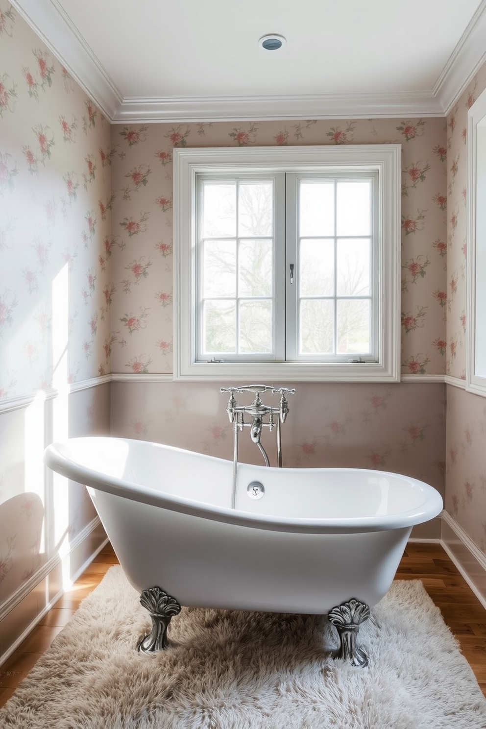 A vintage freestanding bathtub with elegant claw feet sits in the center of a spacious bathroom. Modern fixtures in brushed nickel contrast beautifully with the tub's classic design, creating a harmonious blend of old and new. The walls are adorned with soft, muted wallpaper featuring delicate floral patterns. A large window allows natural light to flood the room, illuminating a plush area rug beneath the tub.