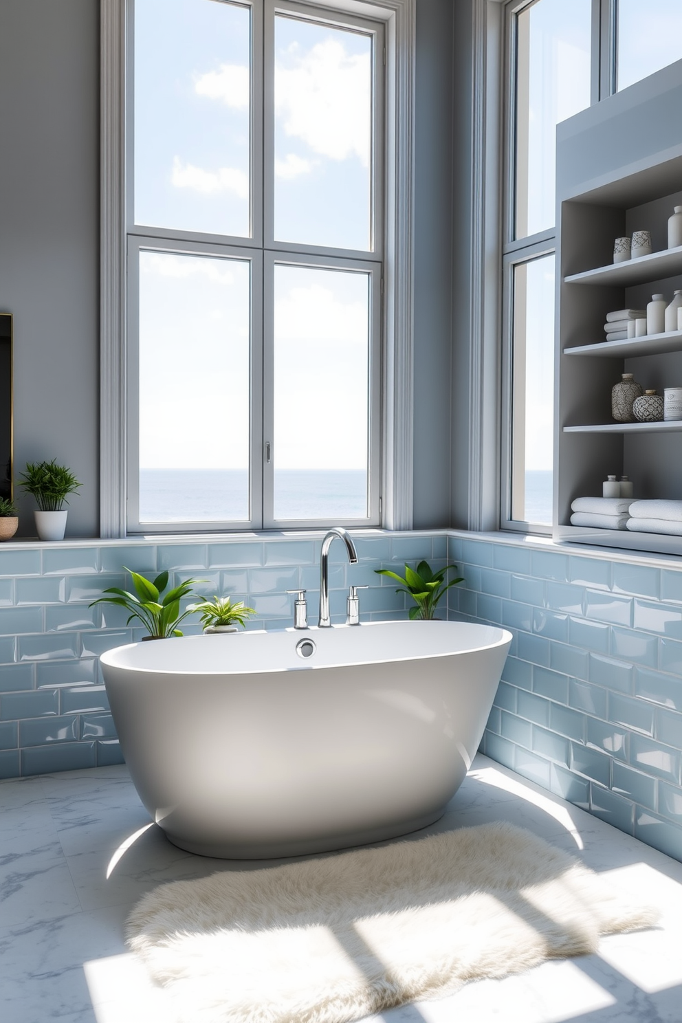 A serene bathroom setting featuring a luxurious freestanding tub positioned beneath large windows that offer a breathtaking ocean view. The walls are adorned with soft blue tiles, and natural light floods the space, creating a tranquil atmosphere. The tub is complemented by a sleek, modern faucet and surrounded by potted plants that enhance the coastal vibe. A plush rug lies beneath the tub, while elegant shelving displays curated bath essentials and decorative items.