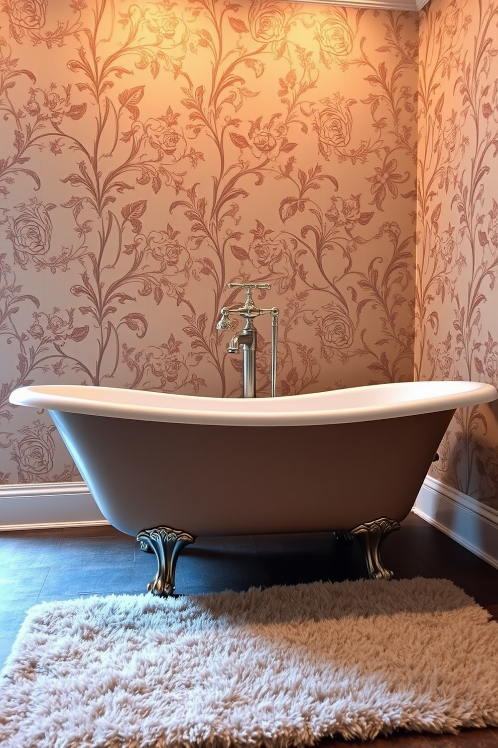 Elegant clawfoot tub in vintage style. The tub is positioned against a backdrop of intricate wallpaper featuring floral patterns, complemented by a classic freestanding faucet. Soft, ambient lighting illuminates the space, creating a warm and inviting atmosphere. A plush area rug in muted tones lies beneath the tub, enhancing the vintage charm of the bathroom.