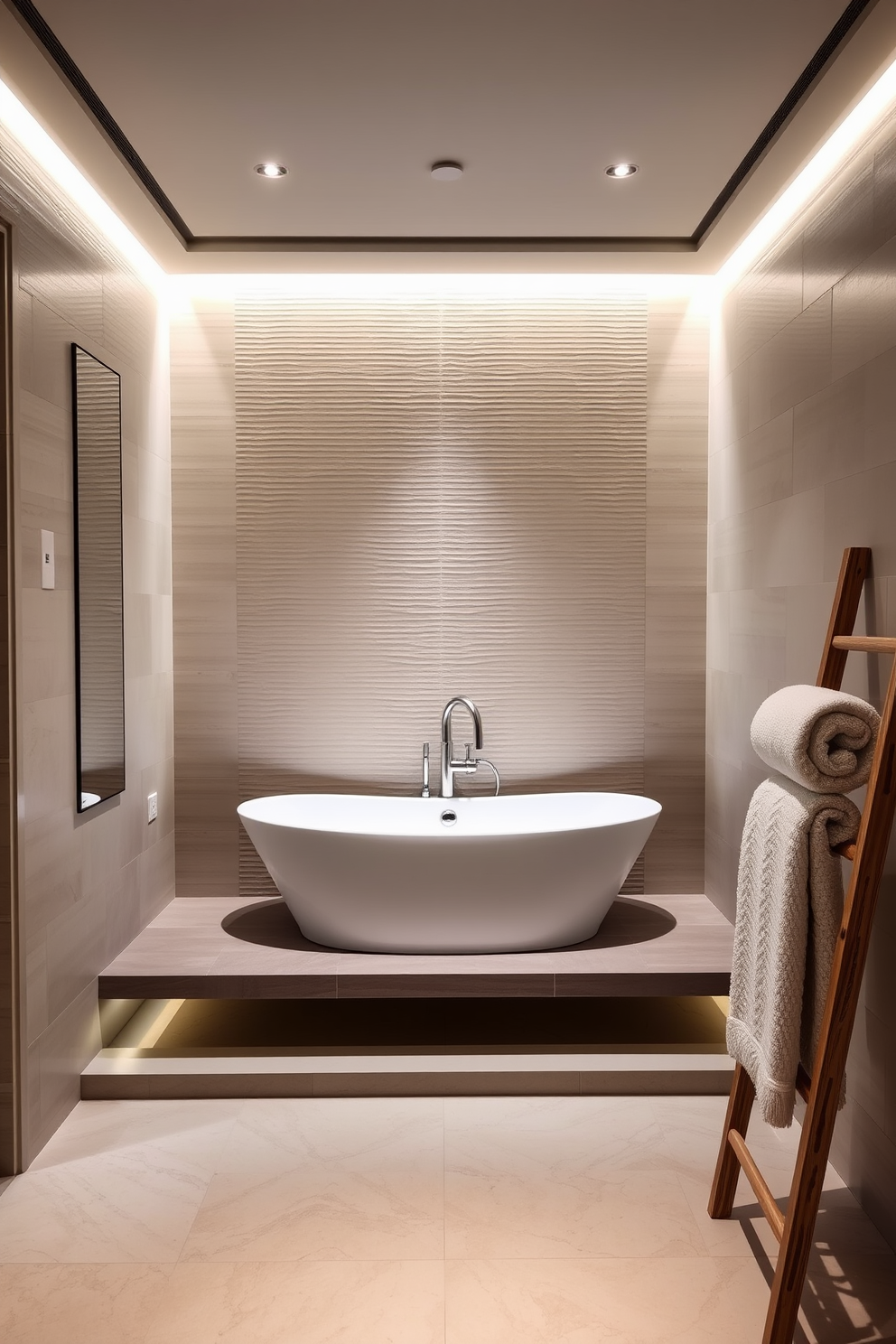 A luxurious bathroom featuring a freestanding tub elegantly positioned on a raised platform. The tub is surrounded by soft, ambient lighting that enhances the serene atmosphere of the space. The walls are adorned with textured tiles in a calming neutral palette, creating a spa-like retreat. A stylish wooden ladder is placed nearby, holding plush towels for added convenience and comfort.