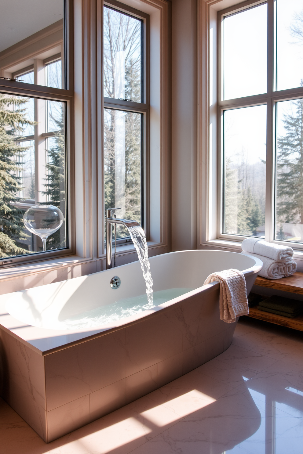 A luxurious bathroom featuring a freestanding tub with a stunning waterfall faucet that cascades water gracefully. The tub is surrounded by elegant marble tiles, creating a serene and sophisticated atmosphere. Natural light floods the space through large windows, highlighting the soft neutral color palette of the walls. Plush towels are neatly arranged on a nearby wooden shelf, adding a touch of warmth and comfort.