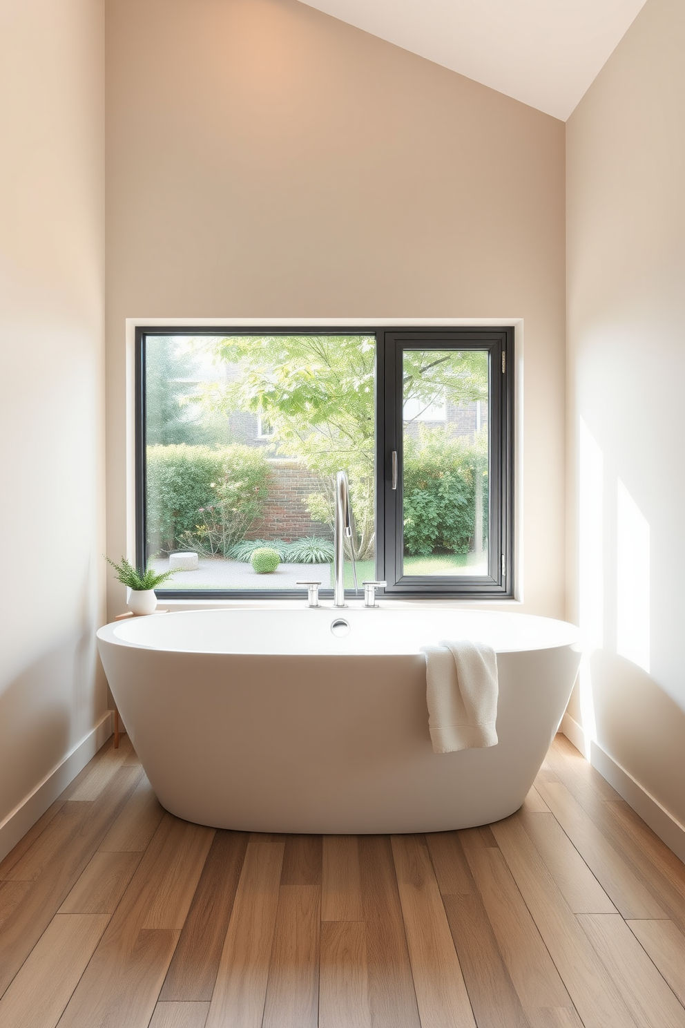 A minimalist tub is positioned in a serene bathroom environment surrounded by soft natural light. The walls are adorned with neutral tones, and a large window offers a view of a tranquil garden outside. The floor features smooth wooden planks that complement the clean lines of the tub. Simple decor elements like a small potted plant and a plush white towel enhance the calming atmosphere of the space.