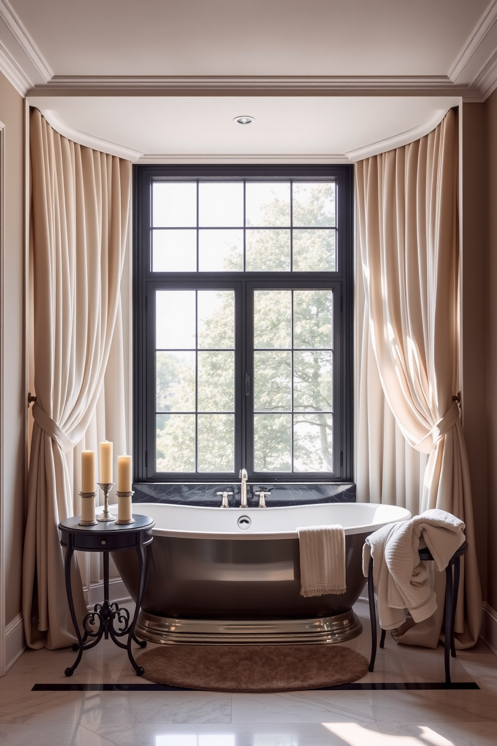 A luxurious bathroom featuring a dual tub setup designed for shared relaxation. The tubs are positioned side by side under a large window, allowing natural light to flood the space. The walls are adorned with soft beige tiles, creating a warm and inviting atmosphere. A stylish wooden shelf above the tubs holds elegant candles and plush towels for added comfort.