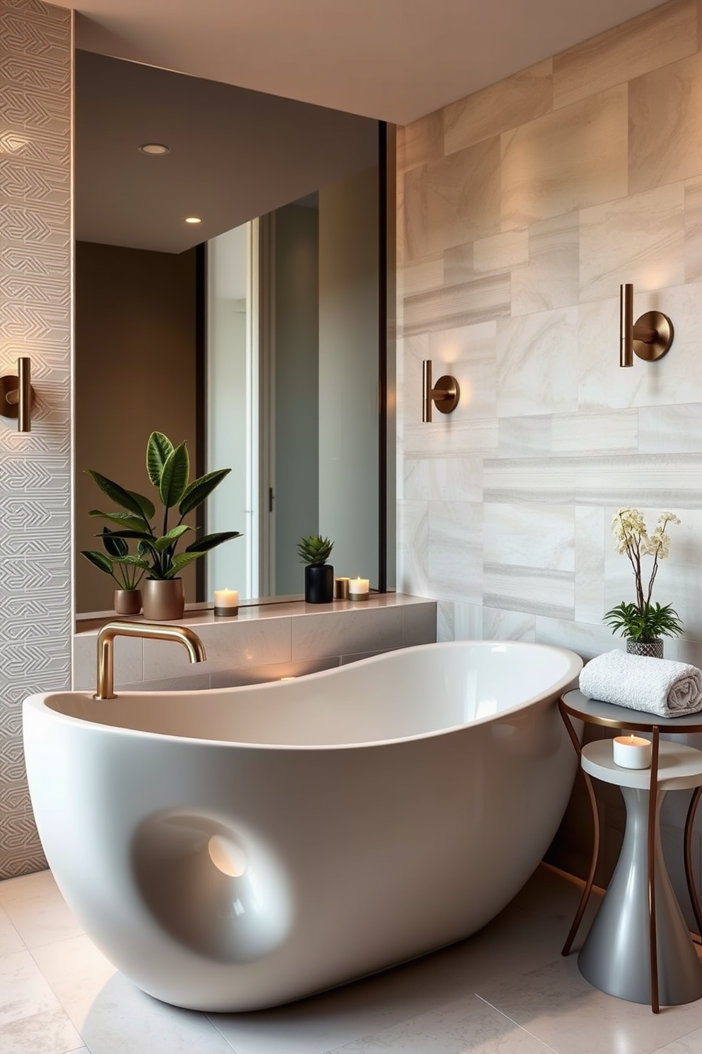 A serene bathroom setting featuring a freestanding tub surrounded by an array of lush indoor plants. The tub is elegantly positioned by a large window that allows natural light to flood the space, creating a tranquil oasis. The walls are adorned with soft beige tiles, complementing the greenery and enhancing the soothing atmosphere. A small wooden stool sits beside the tub, holding a plush towel and a few scented candles for a calming ambiance.