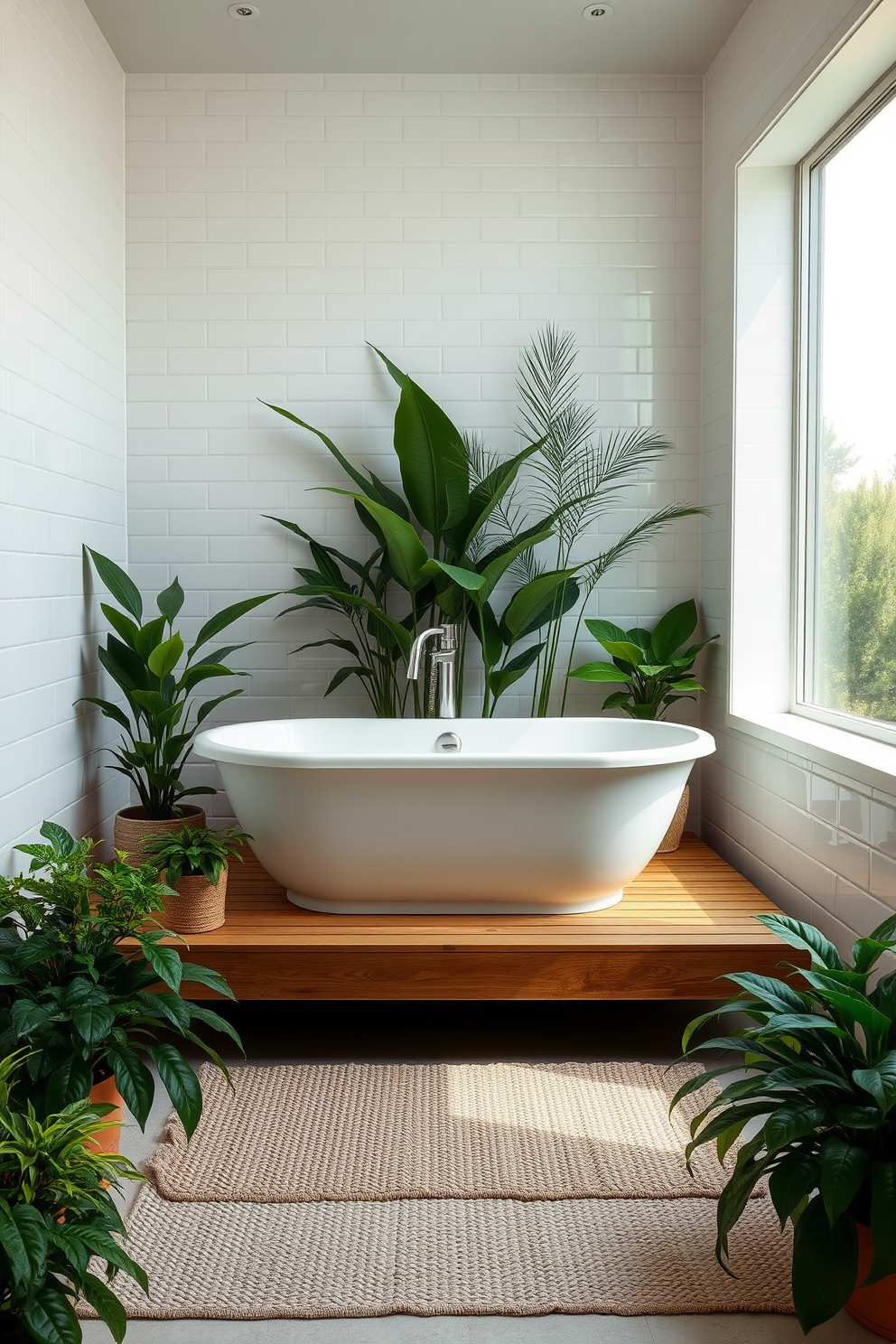 A serene bathroom setting featuring a freestanding tub surrounded by lush greenery. The walls are adorned with soft white tiles, creating a tranquil atmosphere complemented by natural light streaming through a large window. The tub is elegantly positioned on a wooden platform, with potted plants placed strategically around it for a refreshing touch. A textured rug lies beneath the tub, adding warmth and comfort to the space.