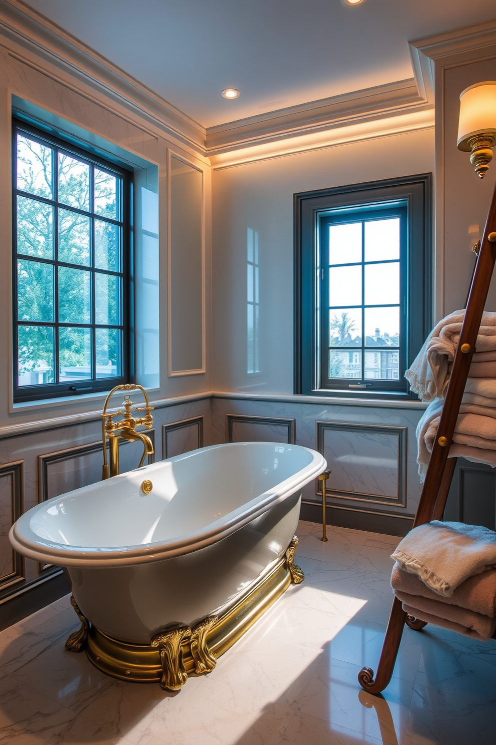 A classic bathroom featuring a luxurious freestanding tub with elegant gold accents. The tub is surrounded by marble tiles, and a large window allows natural light to illuminate the space. Richly detailed gold fixtures complement the overall design, enhancing the sophisticated atmosphere. Plush towels are neatly arranged on a nearby wooden ladder, adding warmth to the elegant setting.