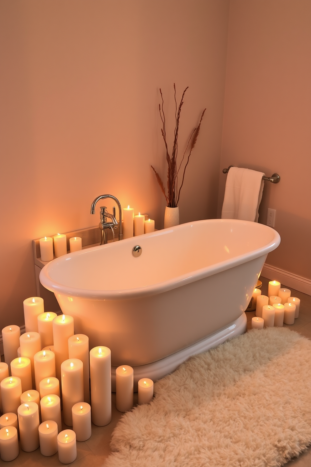 A serene bathroom setting featuring a freestanding tub surrounded by an array of flickering candles that create a warm and inviting ambiance. The walls are adorned with soft, neutral tones, and a plush rug lies beneath the tub, enhancing the overall comfort of the space.