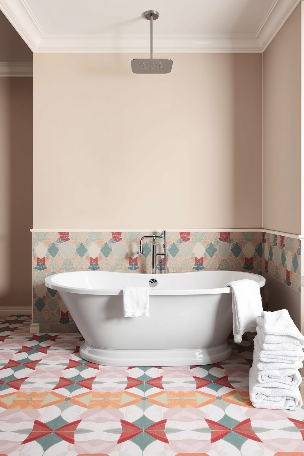 Chic tub with geometric tile patterns. The tub is freestanding and elegantly positioned in the center of the room, surrounded by vibrant geometric tiles in contrasting colors. The walls are adorned with a soft neutral paint, creating a calming backdrop. A sleek, modern shower fixture is mounted above the tub, complemented by stylish accessories and plush towels nearby.