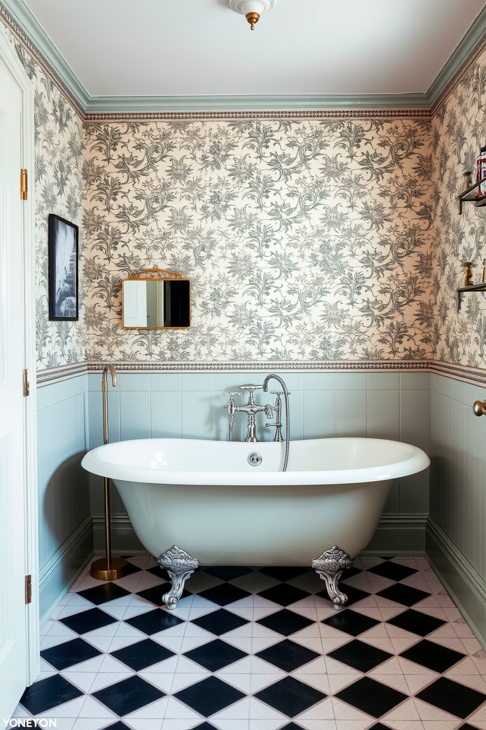 A vintage-inspired bathroom featuring a freestanding tub in a soft pastel color, surrounded by classic fixtures that evoke a sense of nostalgia. The walls are adorned with intricate wallpaper in a floral pattern, and the floor is laid with checkerboard tiles that complement the overall retro aesthetic.