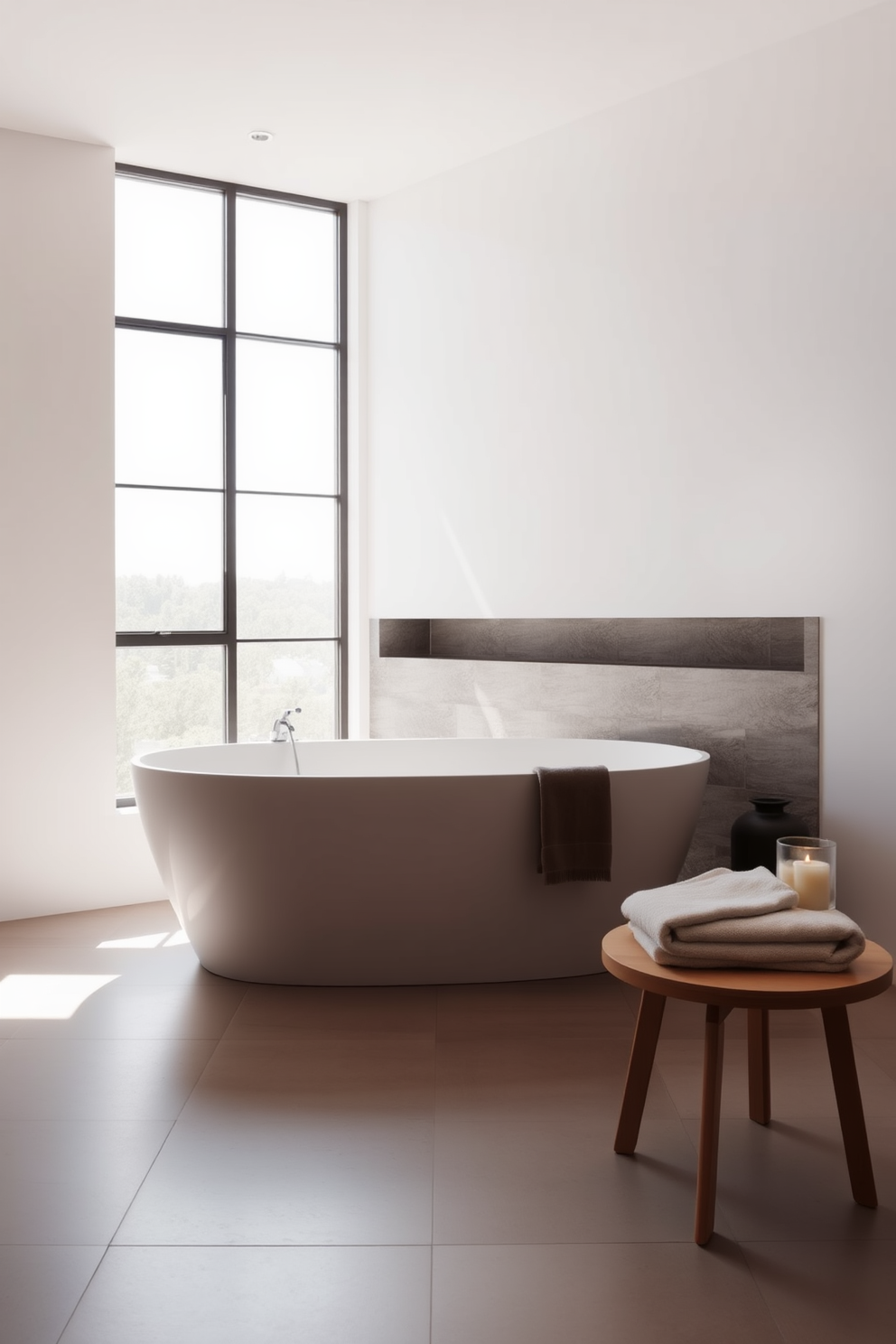 A modern minimalist bathroom featuring a sleek freestanding tub with clean lines positioned centrally in the space. The walls are painted in a soft white hue, complemented by a large window that allows natural light to flood in. The floor is adorned with large grey tiles that create a seamless look, while a simple wooden stool sits beside the tub for added functionality. Minimalist decor accents the room, including a single potted plant and a set of neatly rolled towels on a nearby shelf.