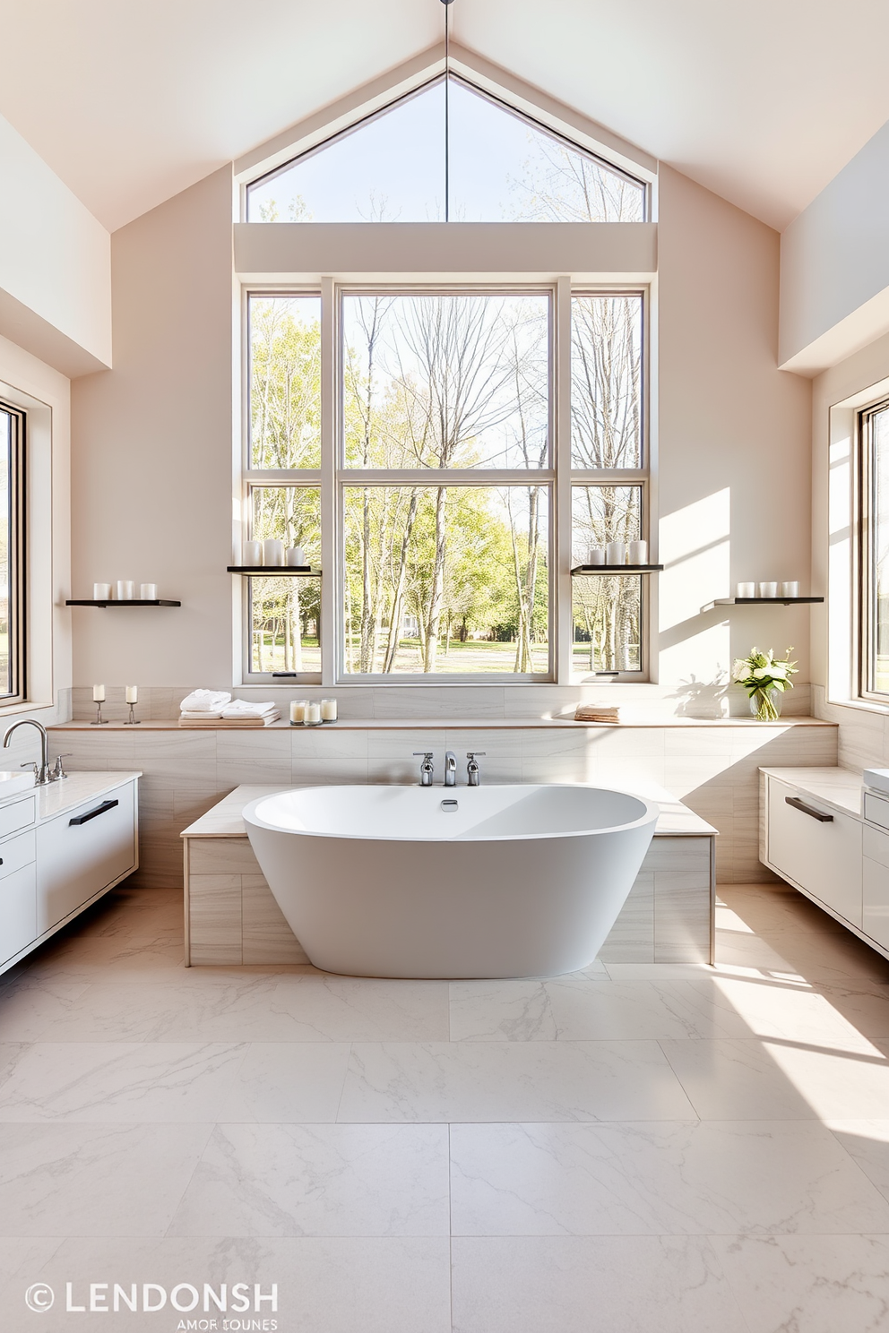 A spacious open layout bathroom features a stunning curved tub positioned centrally, allowing for an inviting focal point. Natural light floods the space through large windows, highlighting the elegant tile work and soft color palette. Surrounding the tub, there are minimalist shelves displaying scented candles and bath essentials, creating a serene atmosphere. The floor is adorned with large format tiles that complement the modern aesthetic of the room.