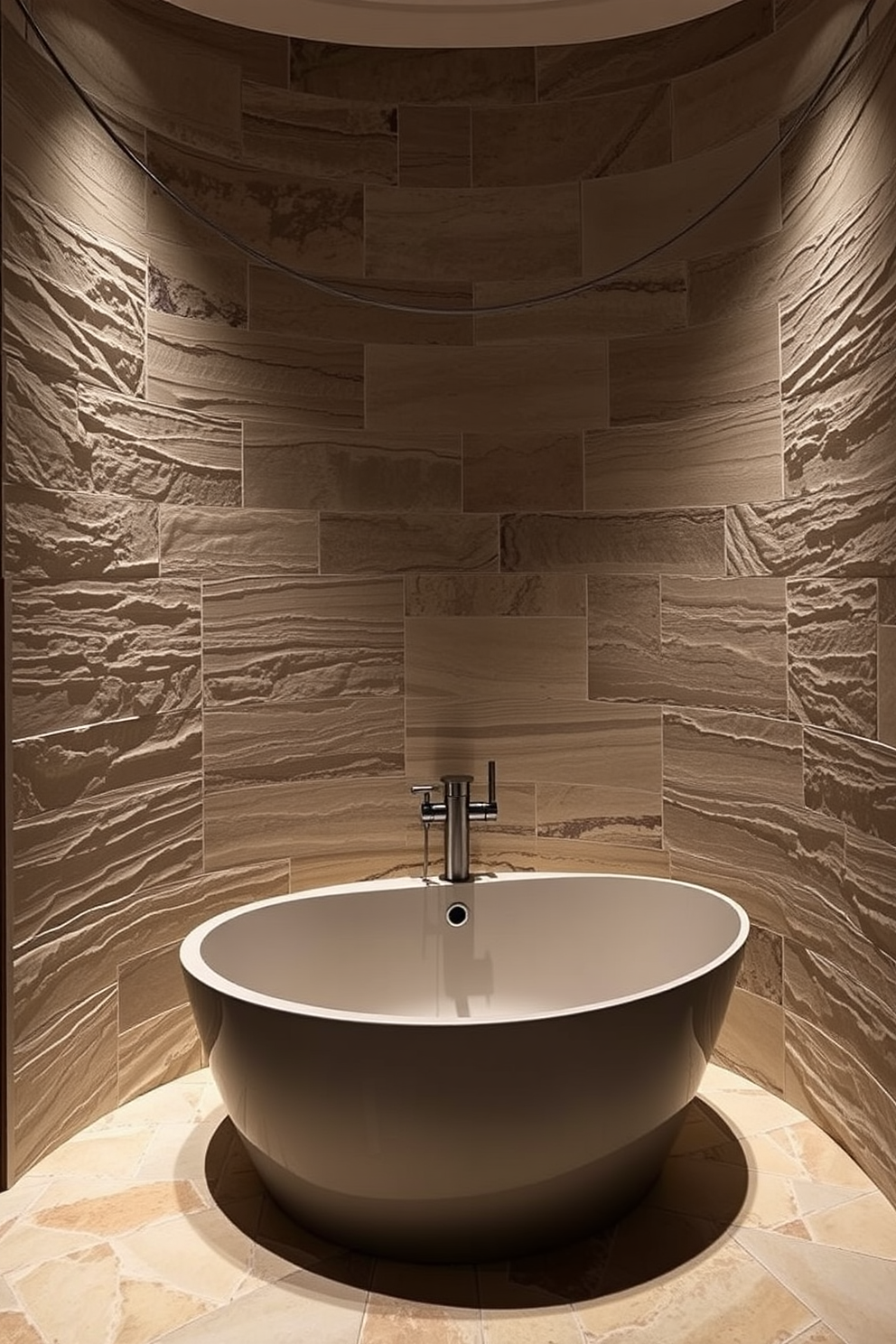 A stylish tub is surrounded by natural stone, creating a serene and luxurious atmosphere. The walls are adorned with soft lighting that highlights the texture of the stone, enhancing the overall elegance of the space.