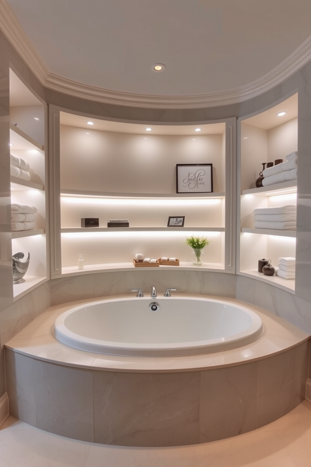 A luxurious bathroom featuring a spacious tub with built-in shelving for storage. The shelves are elegantly styled with neatly arranged towels and decorative items, creating a serene atmosphere. The tub is surrounded by soft, ambient lighting that enhances the relaxing vibe of the space. Neutral tones are used throughout, with textured materials adding depth and a touch of sophistication.