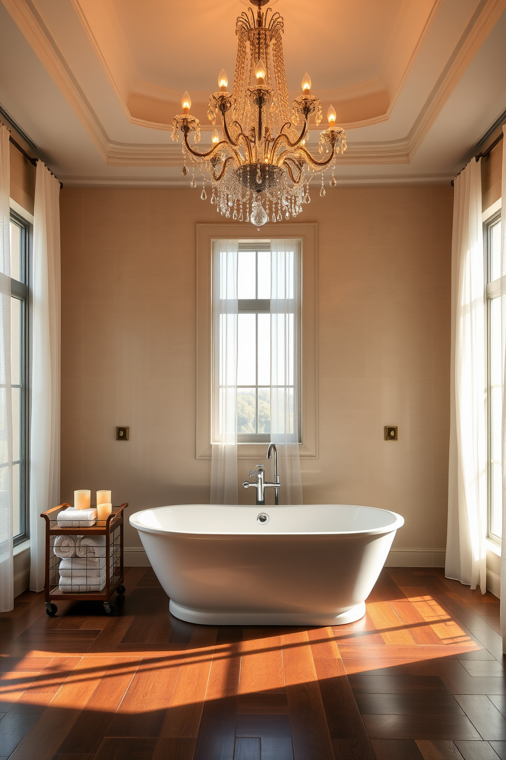 A luxurious bathroom featuring a freestanding soaking tub positioned centrally beneath an elegant crystal chandelier that casts a warm glow. The walls are adorned with soft beige tiles, and the floor is finished with rich dark wood, creating a serene and inviting atmosphere. To the side of the tub, a stylish wooden cart holds plush towels and scented candles for a spa-like experience. Large windows allow natural light to flood the space, framed by sheer white curtains that gently sway with the breeze.