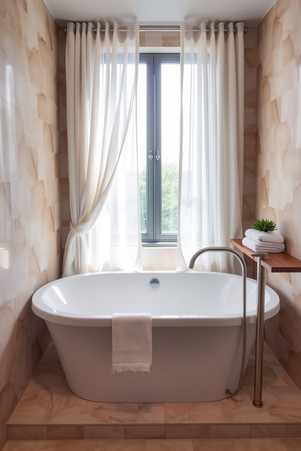 A vibrant blue freestanding tub takes center stage in a modern bathroom, surrounded by sleek white tiles that enhance its boldness. Large windows allow natural light to flood the space, highlighting the elegant chrome fixtures and a minimalist wooden shelf adorned with scented candles. The walls are painted in a soft gray, creating a calming backdrop that contrasts beautifully with the tub's vivid hue. Plush white towels are neatly arranged on a nearby ladder rack, adding a touch of warmth and inviting comfort to the design.