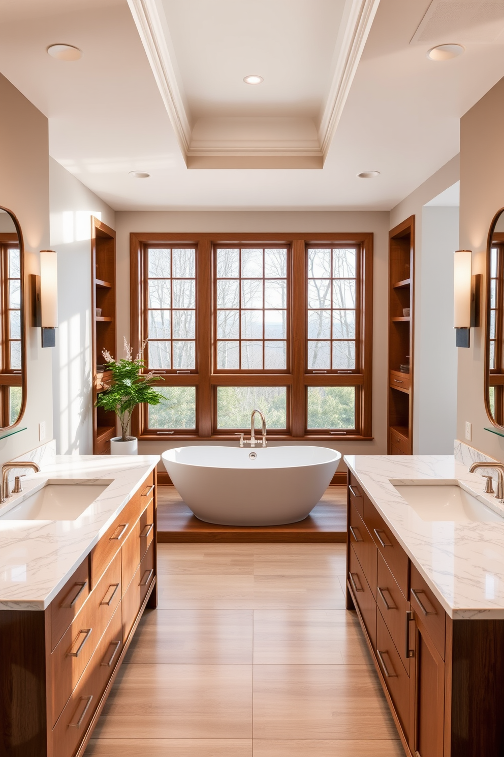 A luxurious bathroom setting featuring a double vanity with a stunning marble countertop and two stylish sinks. The centerpiece of the room is a freestanding tub, elegantly positioned to create a serene focal point. The walls are adorned in a soft, neutral tone that complements the natural wood finishes of the vanity. Large windows allow natural light to flood the space, enhancing the tranquil atmosphere and highlighting the carefully selected decor.