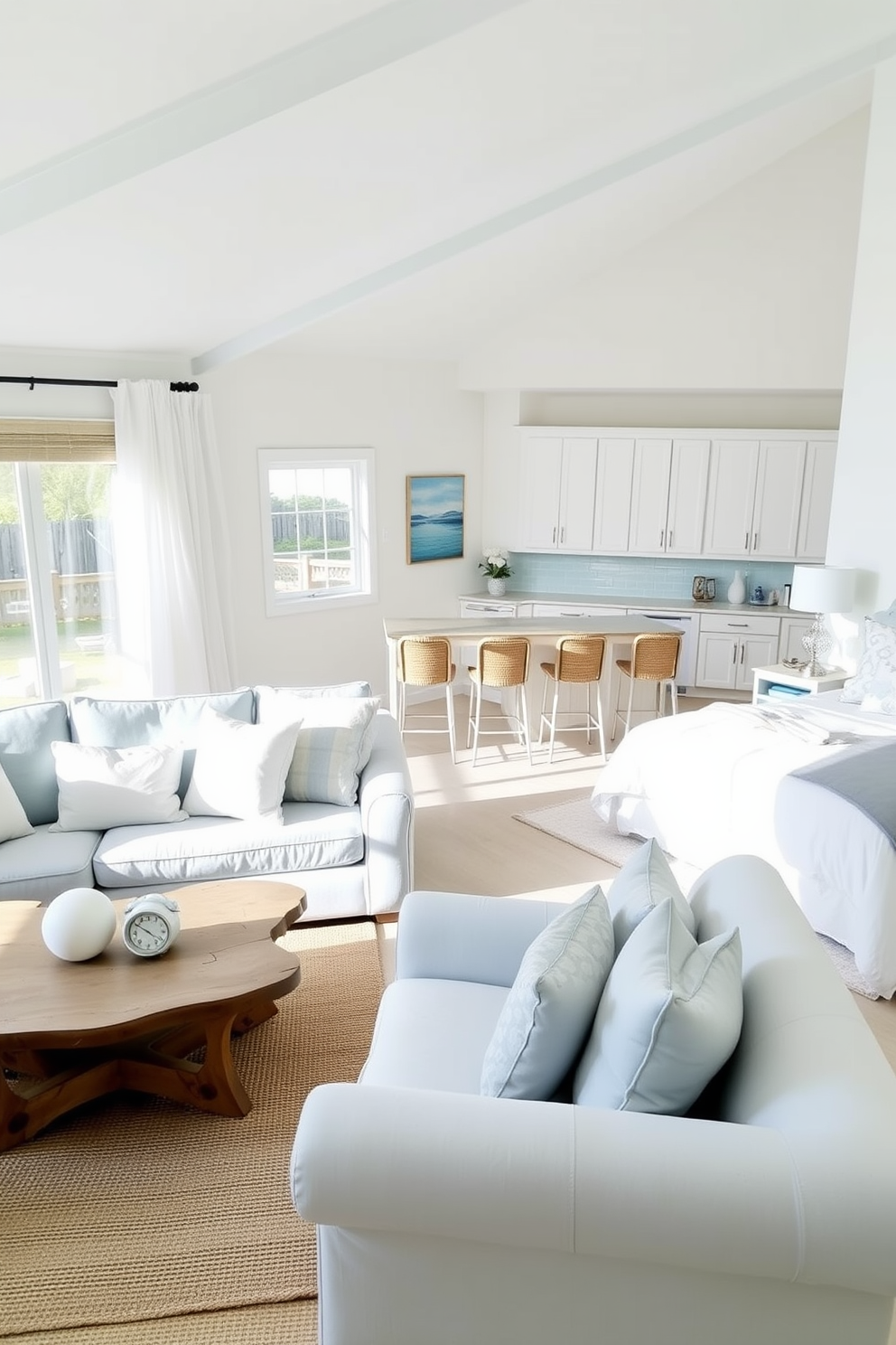 A light and airy color palette graces the walls of a beach apartment, creating a serene and inviting atmosphere. Soft whites and pale blues blend seamlessly, reflecting the coastal surroundings and enhancing natural light throughout the space. The open living area features large windows that invite ocean breezes and views. Light wood flooring complements the color scheme, while comfortable furniture in neutral tones provides a relaxed yet stylish vibe.