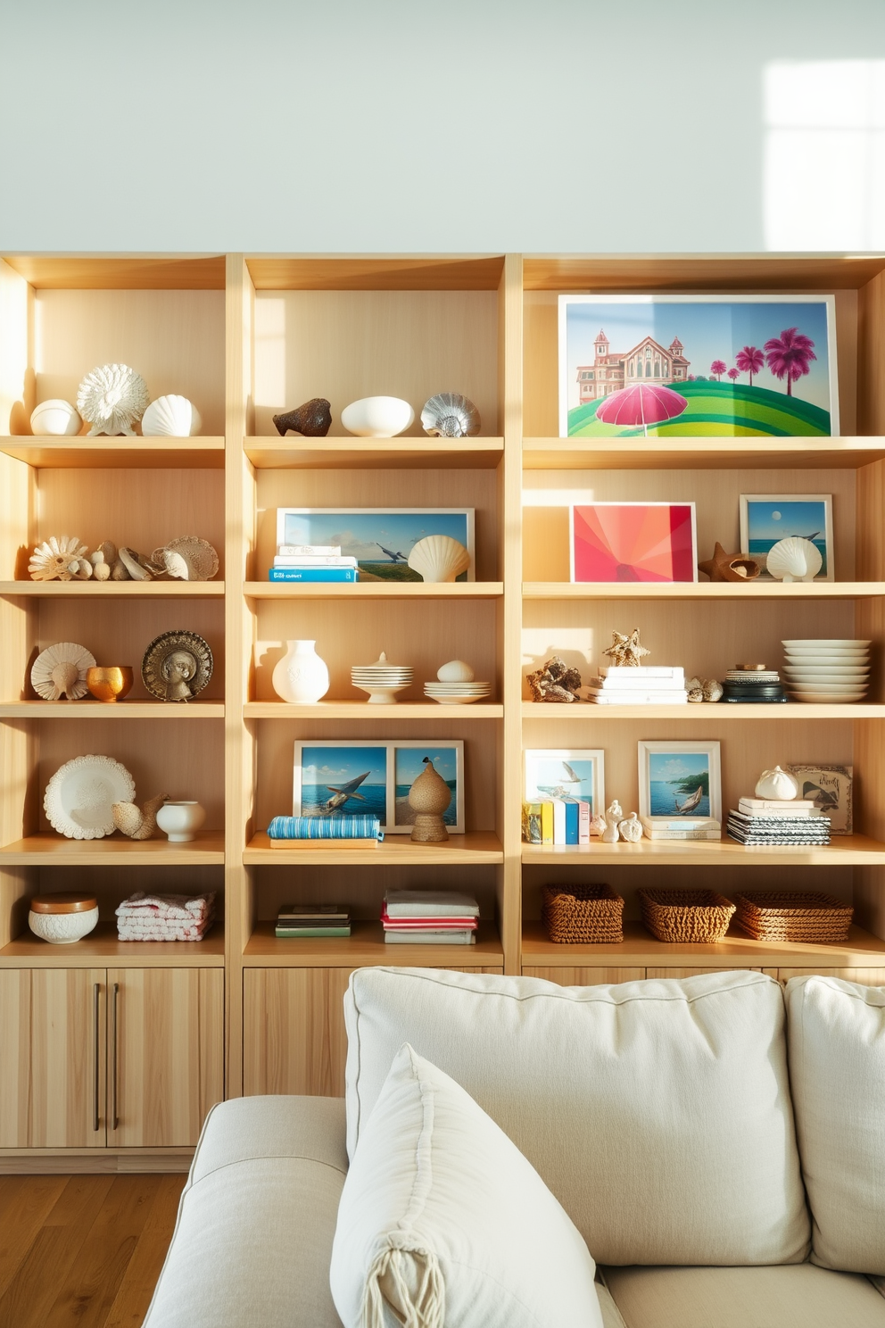 A cozy beach apartment living room featuring sofas adorned with vibrant beach-themed throw pillows in shades of blue and sandy beige. Natural light floods the space through large windows, highlighting the light wood flooring and coastal decor elements throughout.