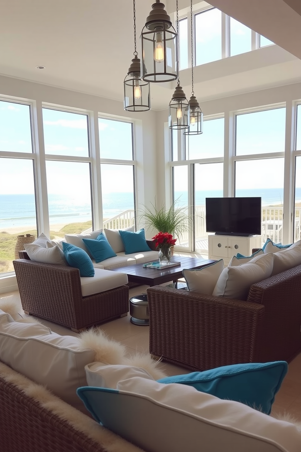 A bright and airy beach apartment with large windows allowing natural light to flood in. The space features soft, neutral tones complemented by vibrant blue accents that evoke the ocean. Glass lanterns hang from the ceiling, casting a warm and inviting glow throughout the living area. Comfortable seating arrangements with plush cushions invite relaxation while enhancing the coastal vibe.