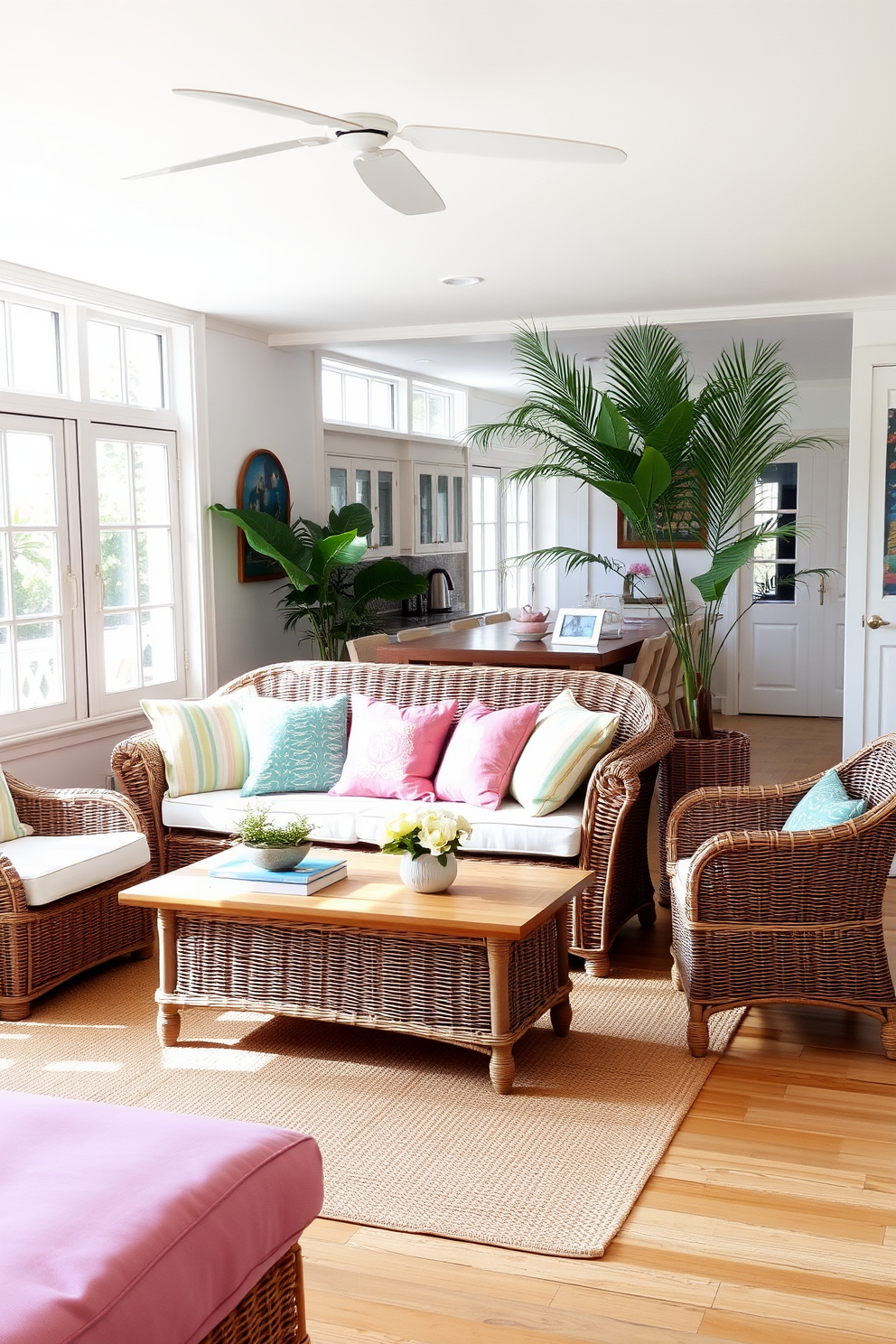 A bright and airy kitchen with beachy color accents. The cabinets are painted in a soft seafoam green, and the countertops are a light sandy beige, creating a fresh coastal vibe. Decorative kitchenware in shades of coral and turquoise adorn the open shelves. A large window allows natural light to flood the space, highlighting the ocean-inspired decor.