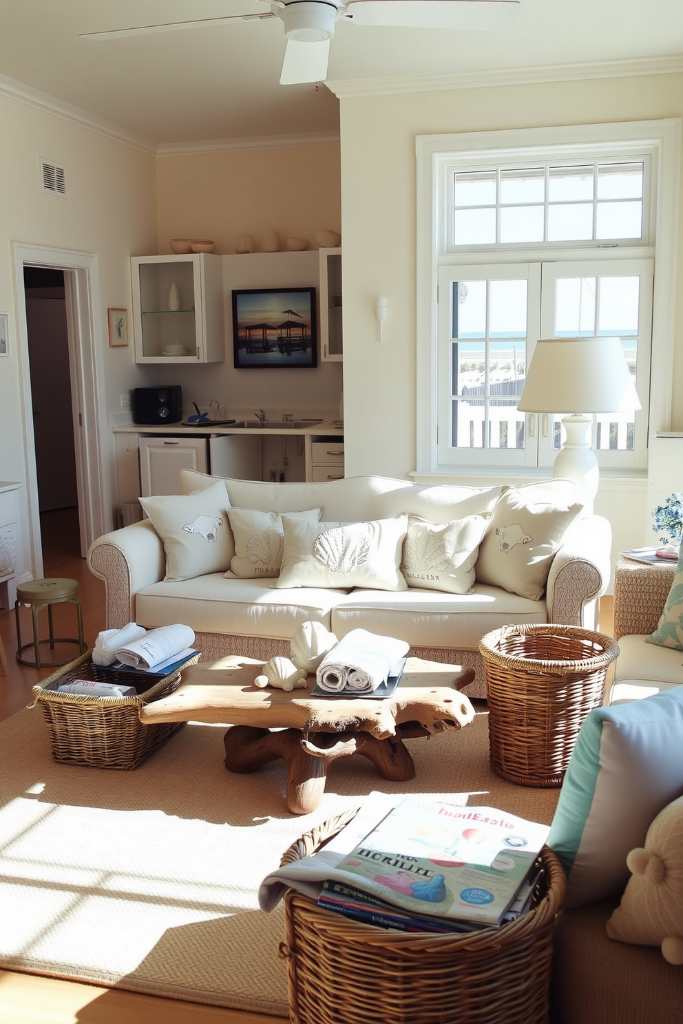 A bright and airy beach apartment filled with natural light. The decor features shell accents in decorative pieces throughout the space, adding a coastal charm. The living area includes a comfortable sofa adorned with ocean-themed cushions. A coffee table made of driftwood sits in the center, surrounded by woven baskets that hold beach towels and magazines.