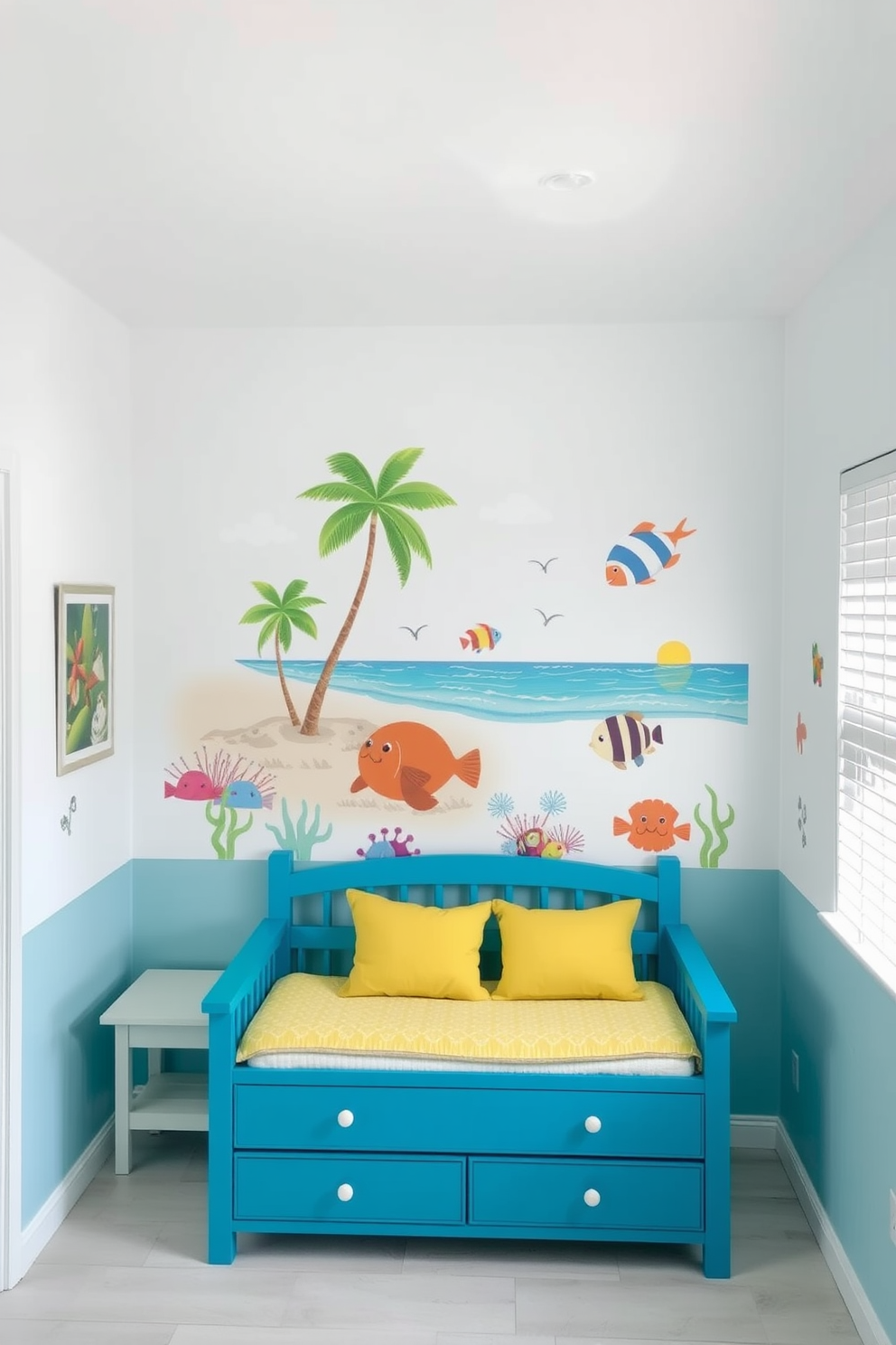 A bright and airy beach apartment featuring wall decals of tropical scenes and playful marine life. The walls are painted in soft pastel colors, creating a cheerful and inviting atmosphere.