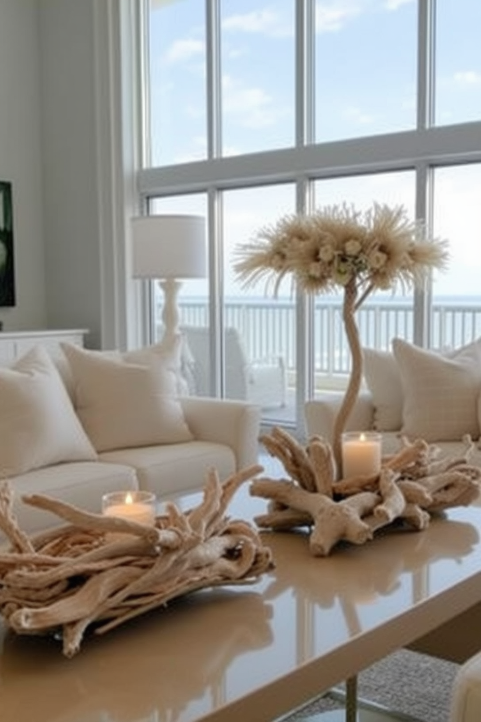 Driftwood centerpieces create a warm and inviting atmosphere in a beach apartment. The natural textures and colors of the driftwood complement the coastal surroundings, enhancing the overall aesthetic. Beach apartment design ideas should incorporate light, airy colors and natural materials. Large windows allow for abundant natural light, while soft furnishings in pastel hues evoke a relaxed, seaside vibe.