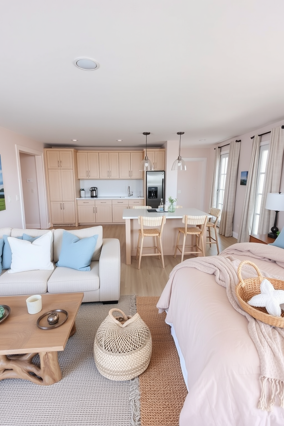 A serene beach apartment setting featuring sandy beige tones throughout the space to create a calming effect. The open living area includes a plush beige sofa adorned with light blue throw pillows, complemented by a driftwood coffee table and large windows offering ocean views. The kitchen boasts sandy beige cabinetry with white quartz countertops and a breakfast bar with stylish stools. Soft lighting fixtures hang above, enhancing the relaxed atmosphere while a coastal-inspired artwork adorns the walls. The bedroom showcases a cozy sandy beige bedspread with matching curtains, creating a tranquil retreat. Natural textures are incorporated through woven baskets and a jute rug, evoking the essence of beachside living.