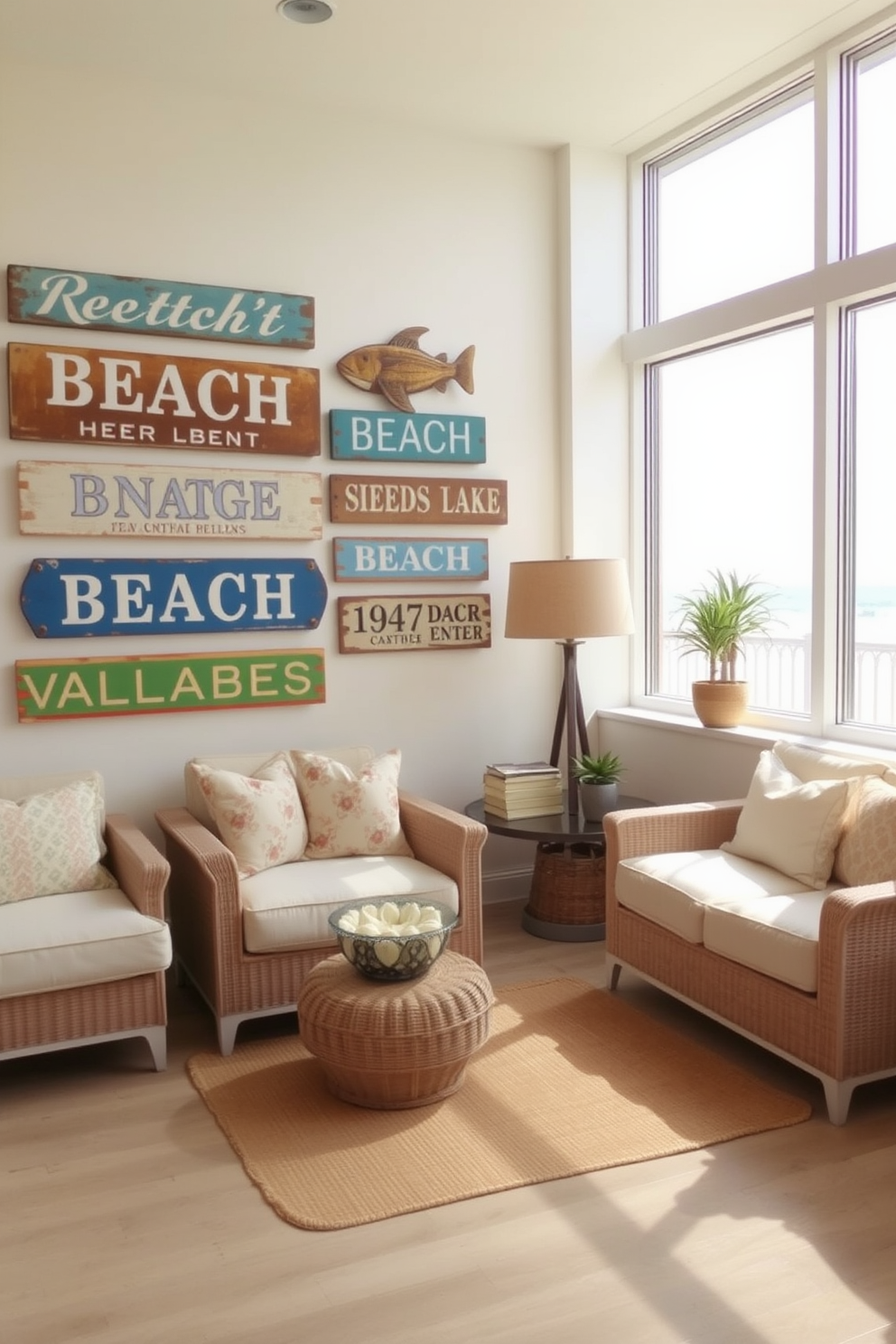 A bright and airy beach apartment features whitewashed wood accents throughout the space. The open floor plan includes a spacious living area with large windows that allow natural light to flood in, showcasing ocean views. The kitchen boasts white cabinetry with brushed nickel hardware and a large island topped with light granite. Soft blue and sandy beige decor elements create a serene coastal atmosphere, complemented by woven textures and nautical-inspired artwork.