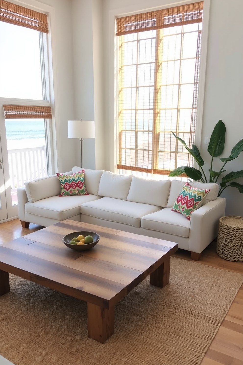 A bright and airy beach apartment filled with natural light. The windows are adorned with bamboo shades that filter sunlight and create a tropical ambiance. The living area features a light-colored sectional sofa paired with vibrant throw pillows. A large coffee table made of reclaimed wood sits atop a soft area rug, bringing warmth to the space.