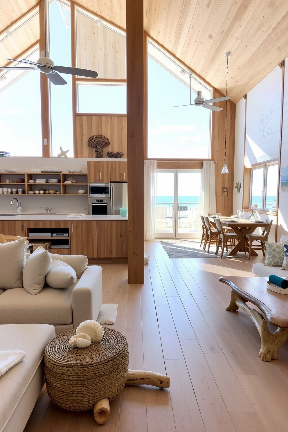 A bright and airy beach apartment featuring natural wood accents that create a warm and inviting atmosphere. Large windows allow sunlight to flood the space, highlighting the light-colored wooden floors and the driftwood-inspired furniture. The open-plan living area seamlessly connects to the kitchen, adorned with wooden cabinetry and a spacious island. Coastal-themed decor elements such as seashells and ocean-inspired artwork enhance the relaxed beach vibe.