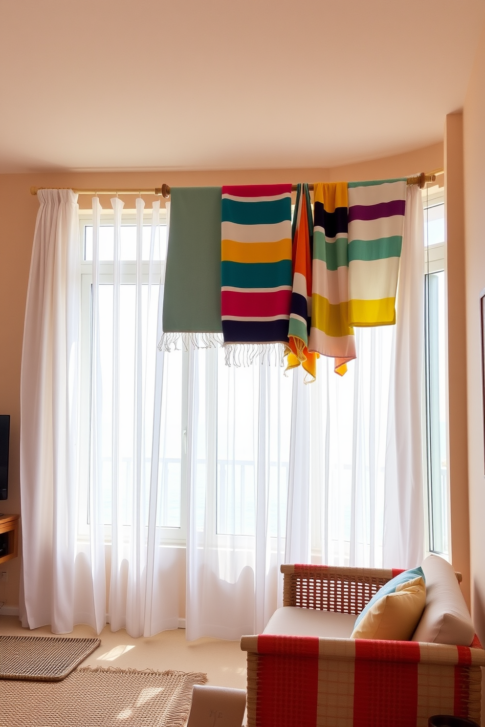 A vibrant beach apartment setting. Colorful beach towels are draped over a stylish wooden rack, adding a cheerful pop of color to the space. The walls are painted in a soft sandy beige, creating a warm and inviting atmosphere. Large windows allow natural light to flood the room, enhancing the coastal vibe with sheer white curtains fluttering gently in the breeze.