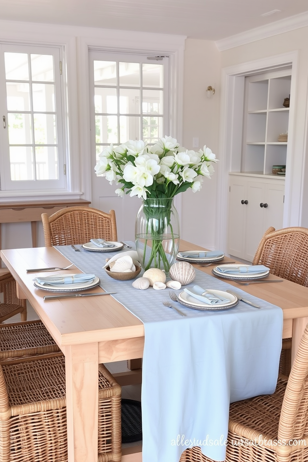 A coastal-inspired dining table setting features a light wooden table adorned with a soft blue tablecloth. Centered on the table is a collection of seashells and a large glass vase filled with fresh white flowers. Surrounding the table are woven rattan chairs that complement the beachy theme. Soft, natural light streams in through large windows, illuminating the space and enhancing the relaxed coastal atmosphere.