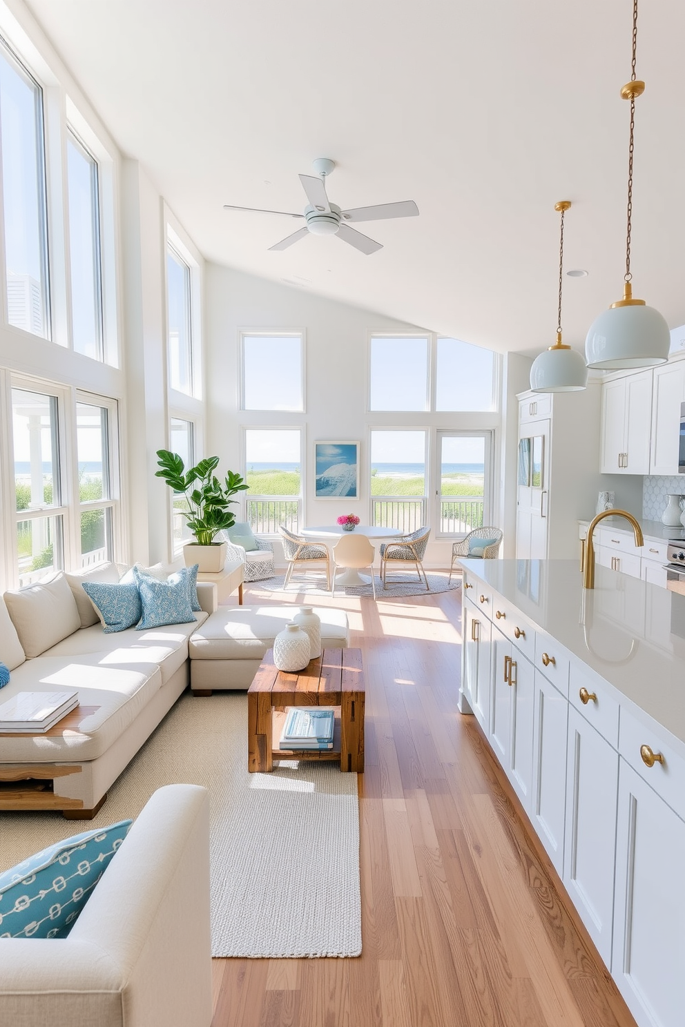 A bright and airy beach apartment featuring large windows that allow ample natural light to flood the space. The open floor plan includes a cozy living area with a light-colored sectional sofa and a coffee table made of reclaimed wood. The kitchen showcases white cabinetry with brass hardware and a spacious island topped with quartz. Soft blue accents and beach-inspired decor create a serene and inviting atmosphere throughout the apartment.