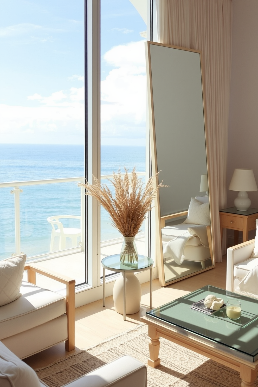 A beach apartment with large ocean view mirrors that reflect natural light throughout the space. The decor features soft pastel colors, light wood furniture, and airy fabrics to create a relaxed coastal atmosphere.