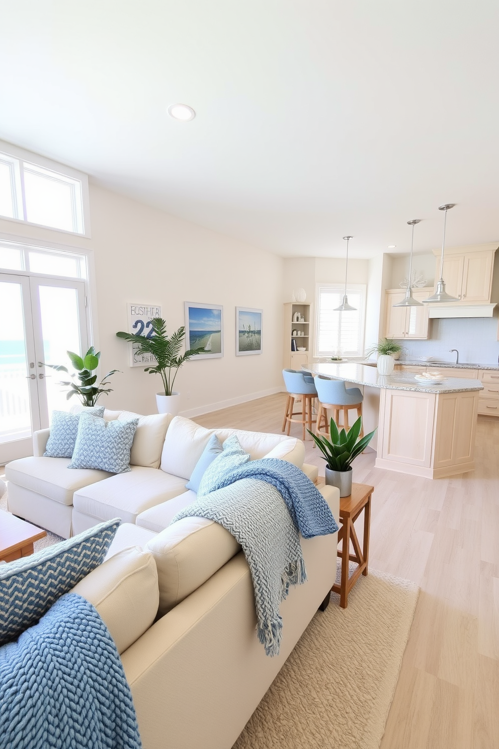 A bright and airy beach apartment living room features soft beige walls and large windows that allow natural light to flood the space. A plush sectional sofa is adorned with textured throws in shades of blue and white, creating a cozy and inviting atmosphere. The open-concept kitchen boasts light wood cabinetry and a large island with bar seating. Decorative elements like seashells and coastal artwork enhance the beachy vibe, while potted plants add a touch of greenery to the space.