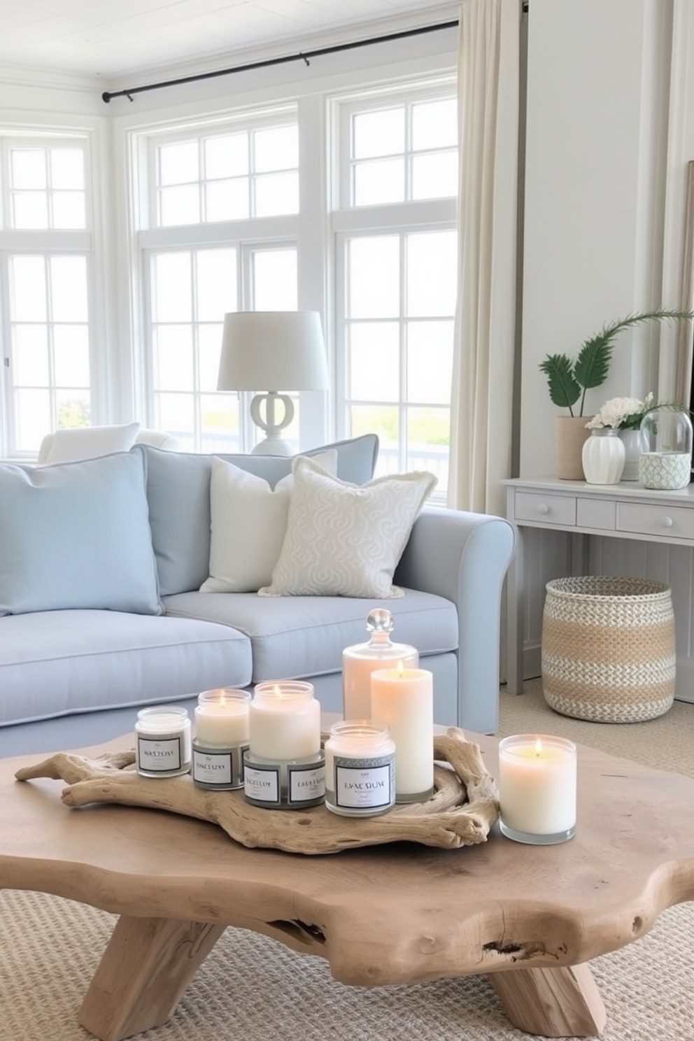 A serene beach apartment setting featuring soft pastel colors and natural textures. The space includes a cozy seating area with a light blue sofa adorned with white and sandy beige cushions. In one corner, a collection of beachy scented candles is displayed on a driftwood coffee table. Large windows allow natural light to flood the room, enhancing the relaxed coastal vibe.